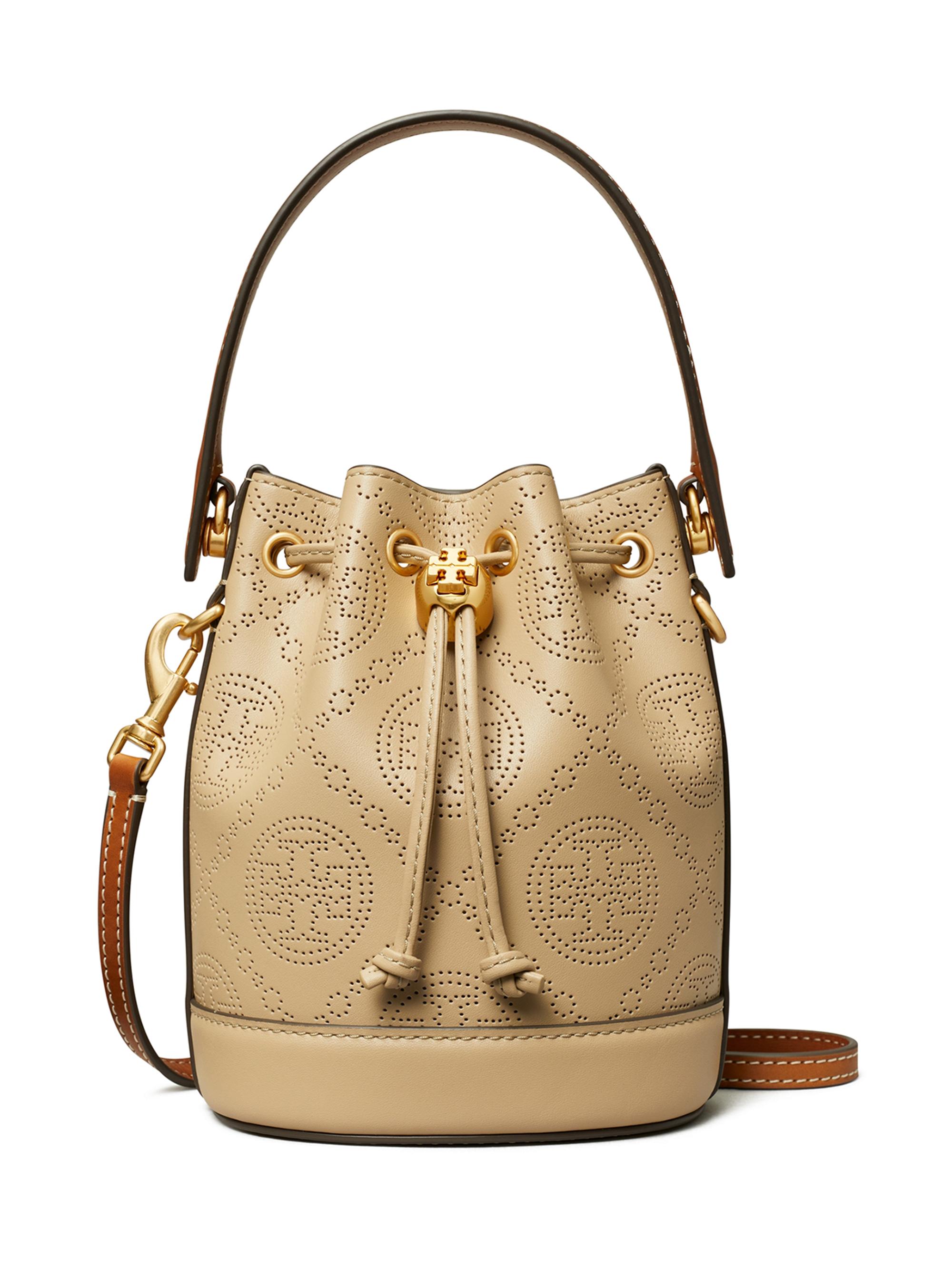 Tory Burch Women's Mini T Monogram Perforated Bucket Bag - Almond