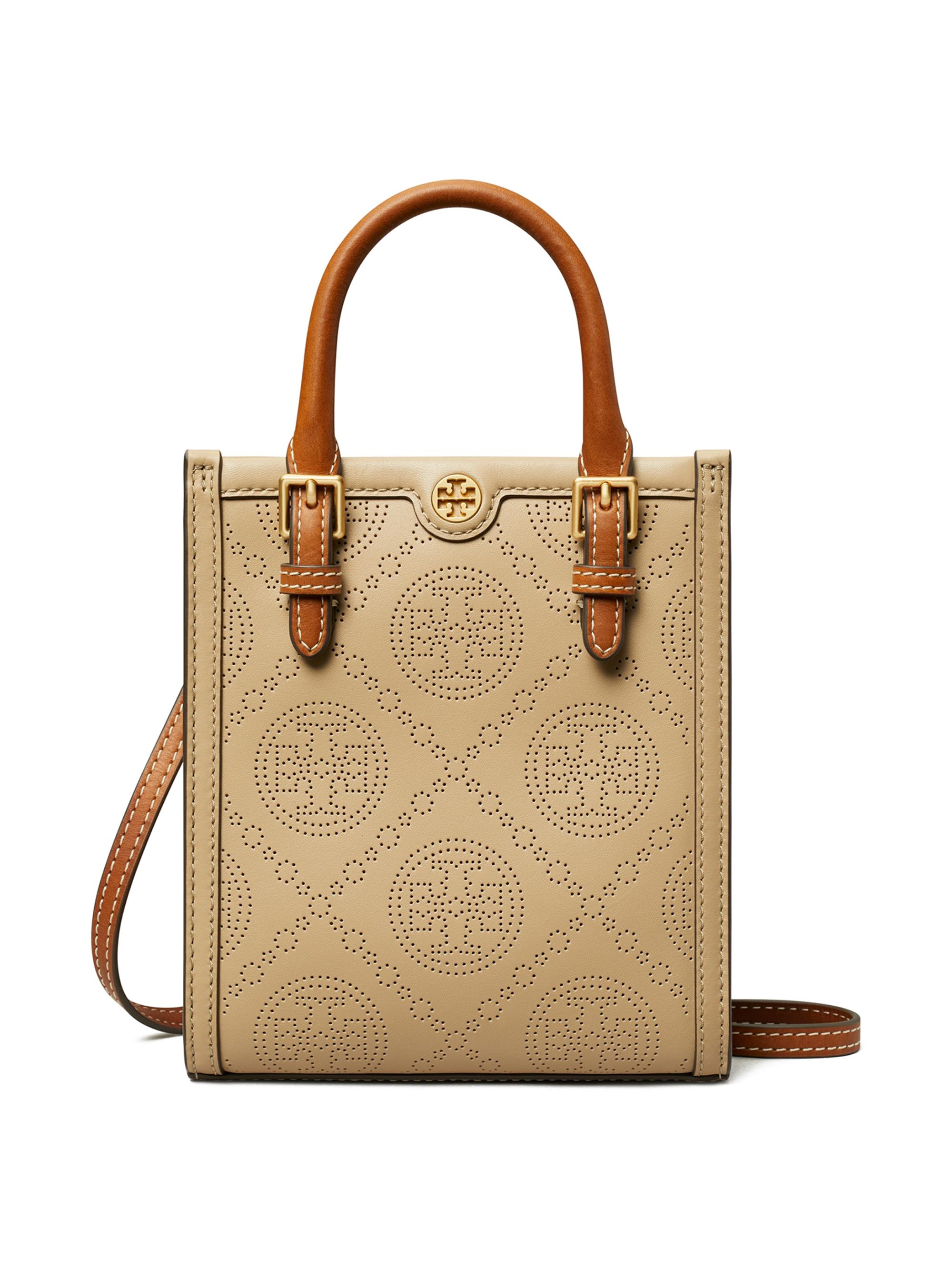 Tory Burch Women's Mini T Monogram Perforated Leather Top Handle Bag - Almond