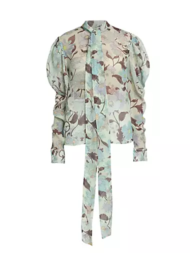 Floral Silk Puff-Sleeve Shirt