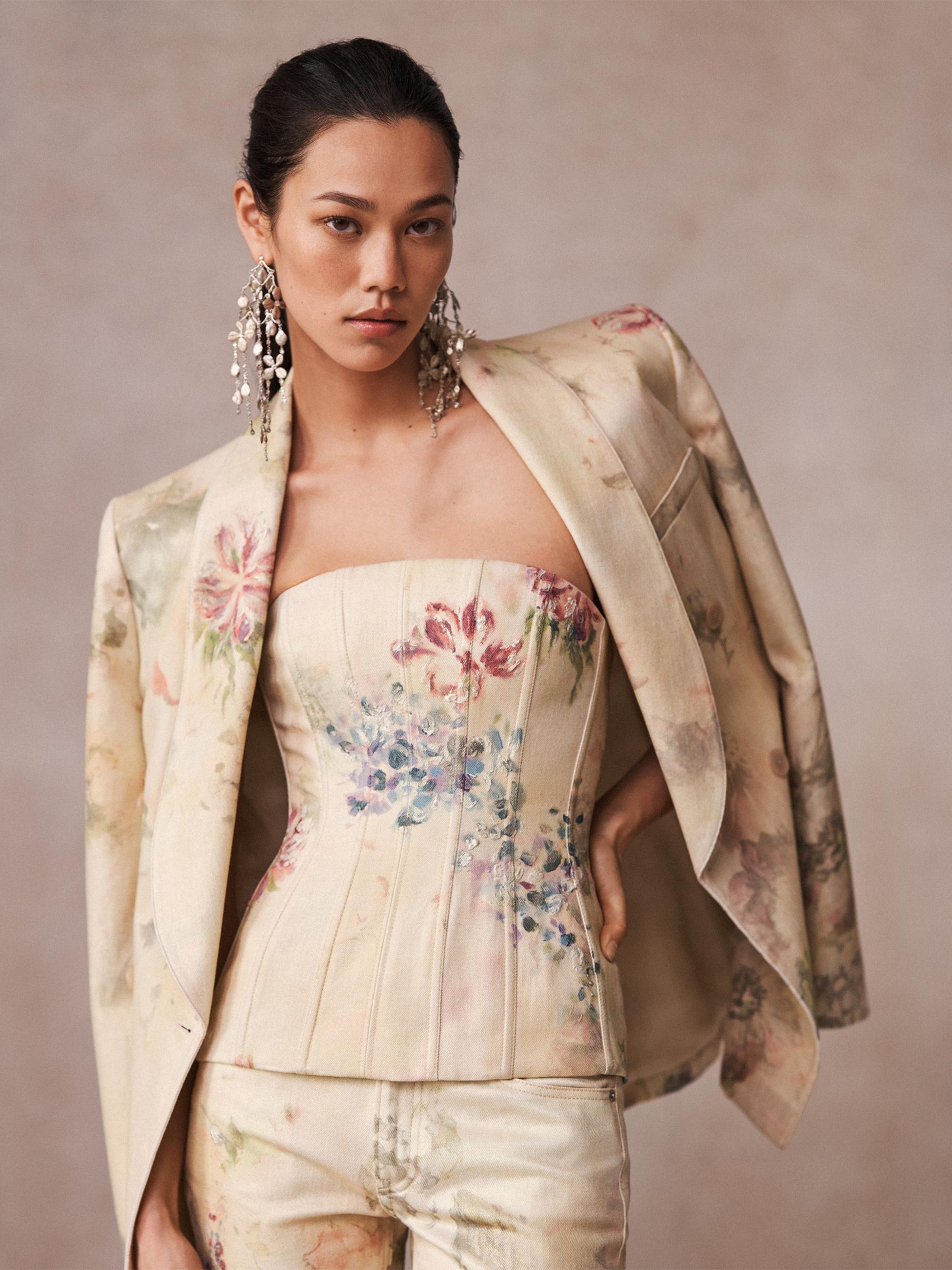 Ralph Lauren Collection Evia Floral Denim Bustier | Saks Fifth Avenue