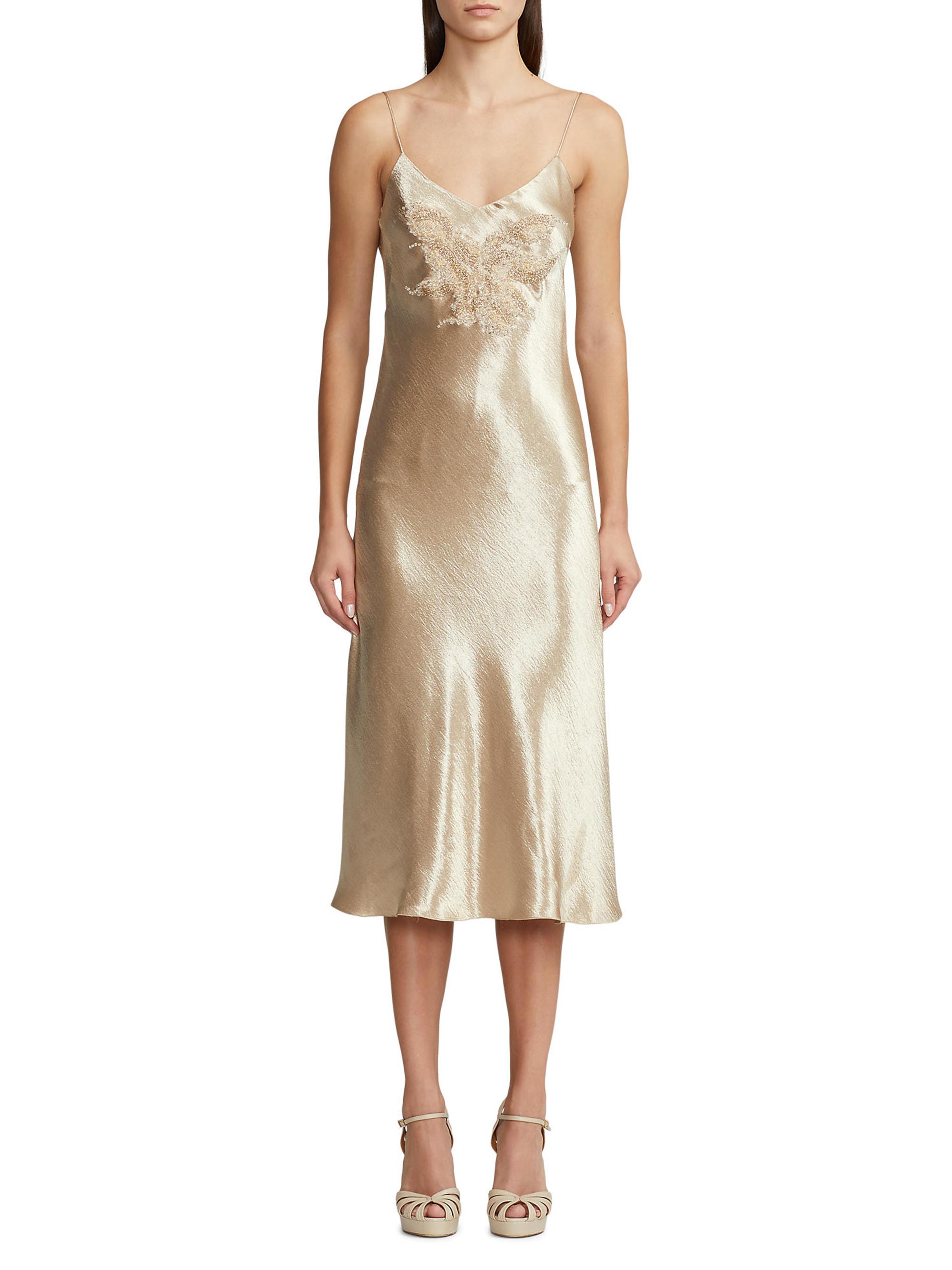 green emerald velvet dress SILKSILKY Women's Silk V-Back Midi Slip Dress, Brown / XL main image 1