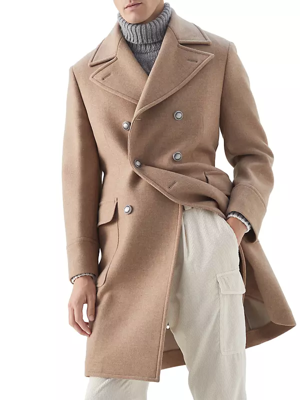 Metal Buttons Wool Cashmere Beige Men Double Breasted Coat