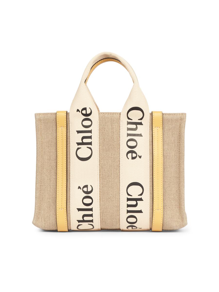 トートバッグ Chloe Woody Small Tote Bag In Linen And Leather Chloé Small Woody Tote Bag In Linen in White - Brown | Chloé US