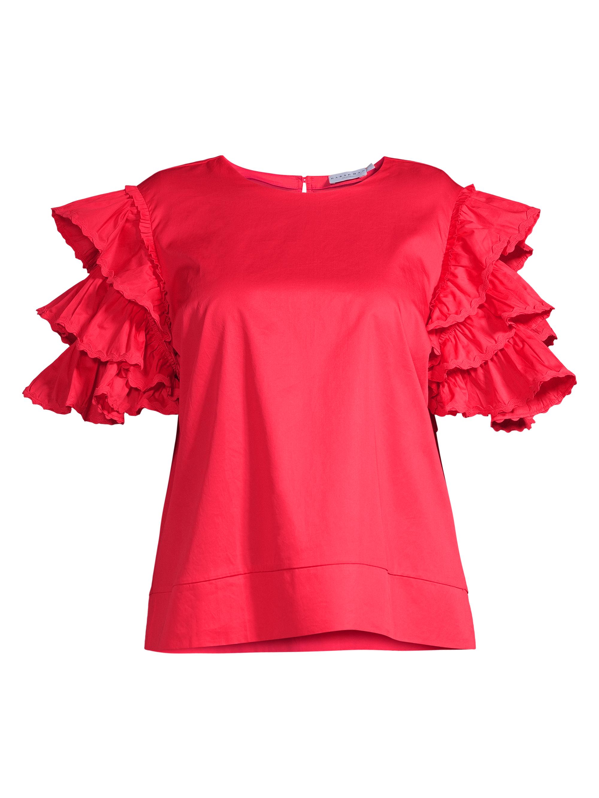 Harshman Women's Plus Size Juliette Ruffled Cotton Blouse - Coral