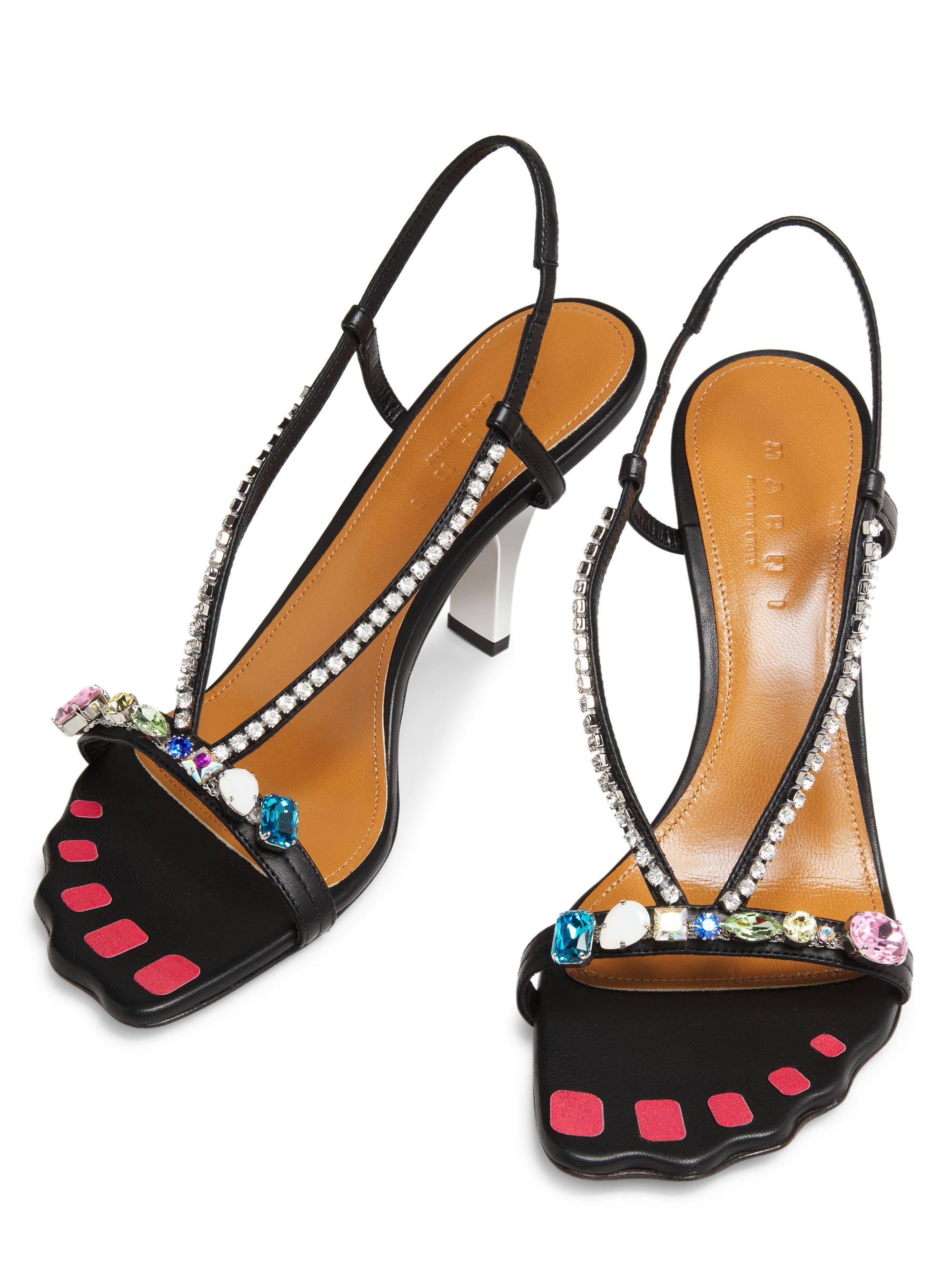 靴 Marni flower Leather sandal Black satin Fussbett with flower appliqués | Marni