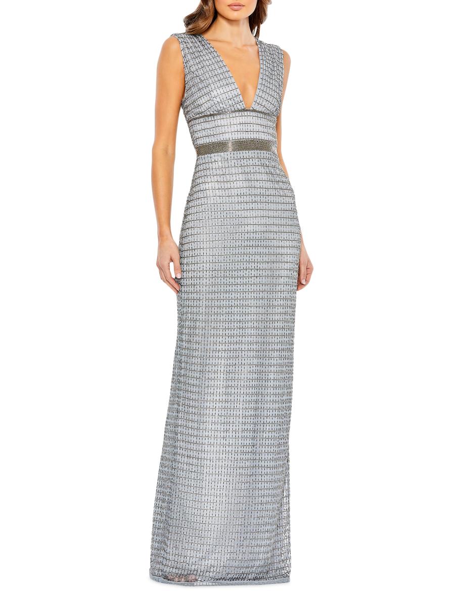 MAC DUGGAL 深めV ネックコラム ロングドレス Silver Mac Duggal Beaded Sequin V-Neck Sleeveless Thigh High Side