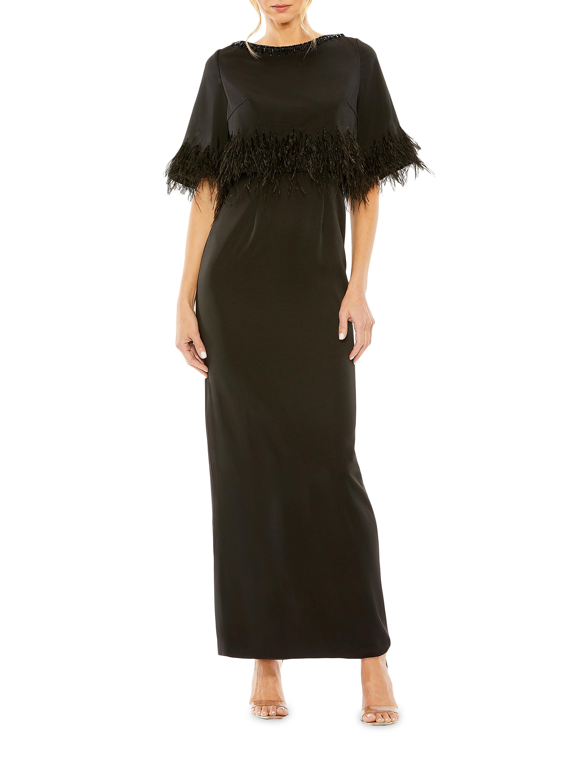 Mac Duggal Women's Sating Feather-Trimmed Cape Maxi Dress - Black