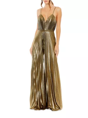 Mac Duggal Women's Pleated V-Neck Jumpsuit - Antique Gold