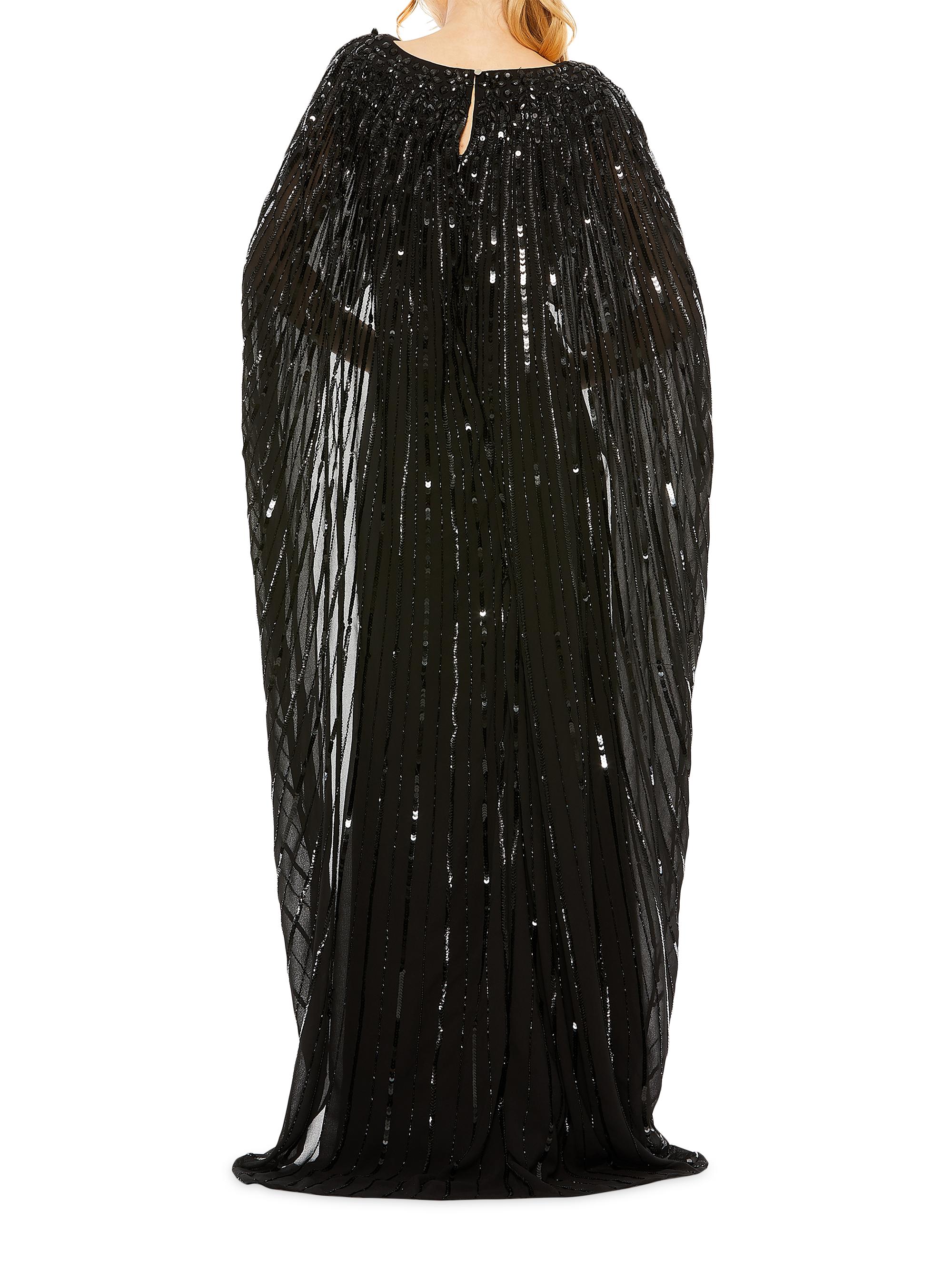 Sequined Column Cape Gown