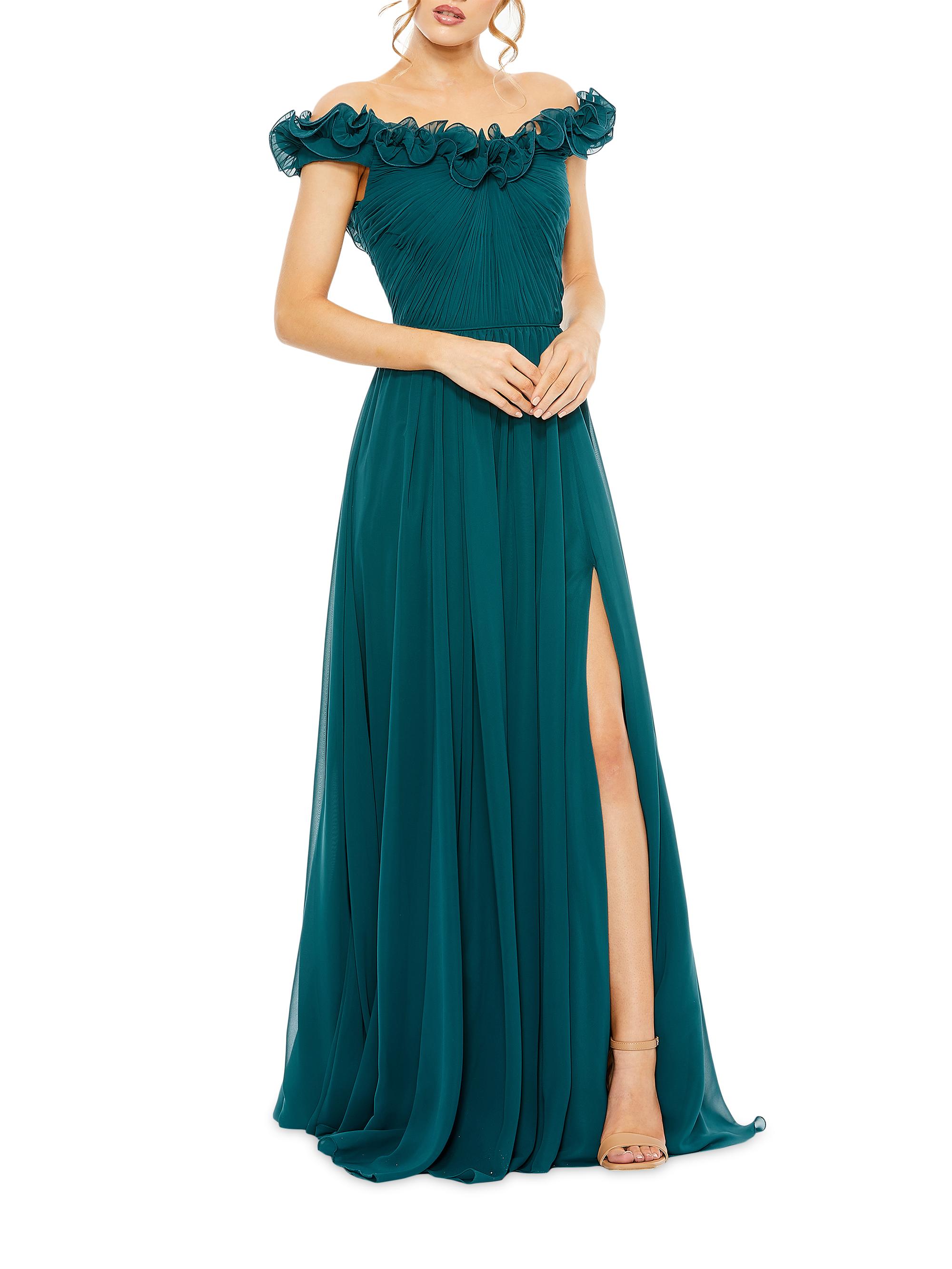 Mac Duggal Women's Frill Chiffon Off-The-Shoulder A-Line Gown - Teal