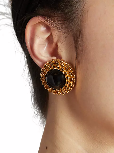 Saint Laurent Vintage Cabochon Earrings in Metal and Resin - Black - Women