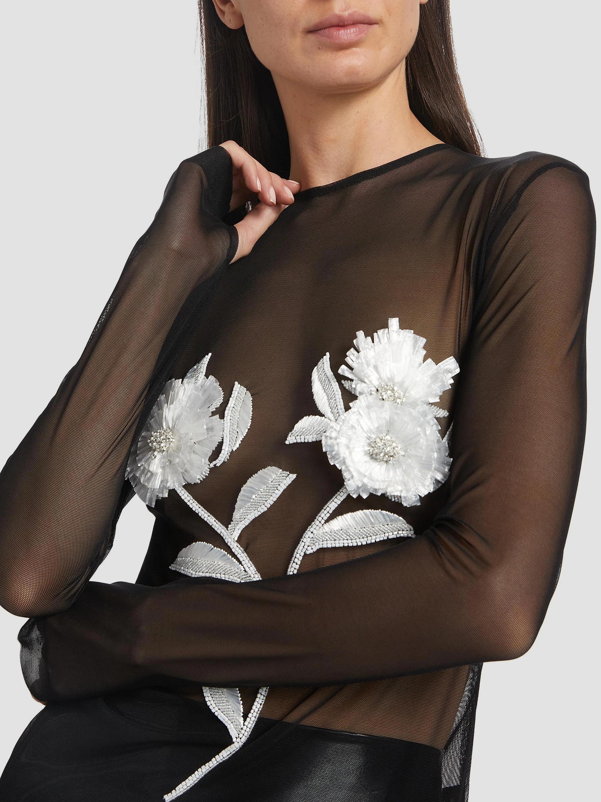 Haut Noir En Mesh Brodé Fleuri - Neuf Avec étiquettes, Taille Régulière