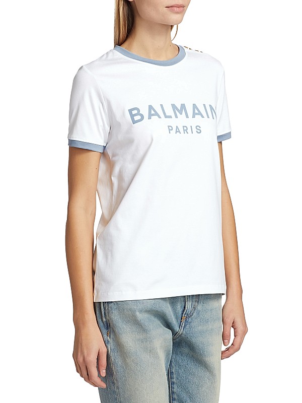 Shop Balmain Logo Button-Shoulder Ringer T-Shirt | Saks Shop Balmain Logo Button-Shoulder Ringer T-Shirt | Saks