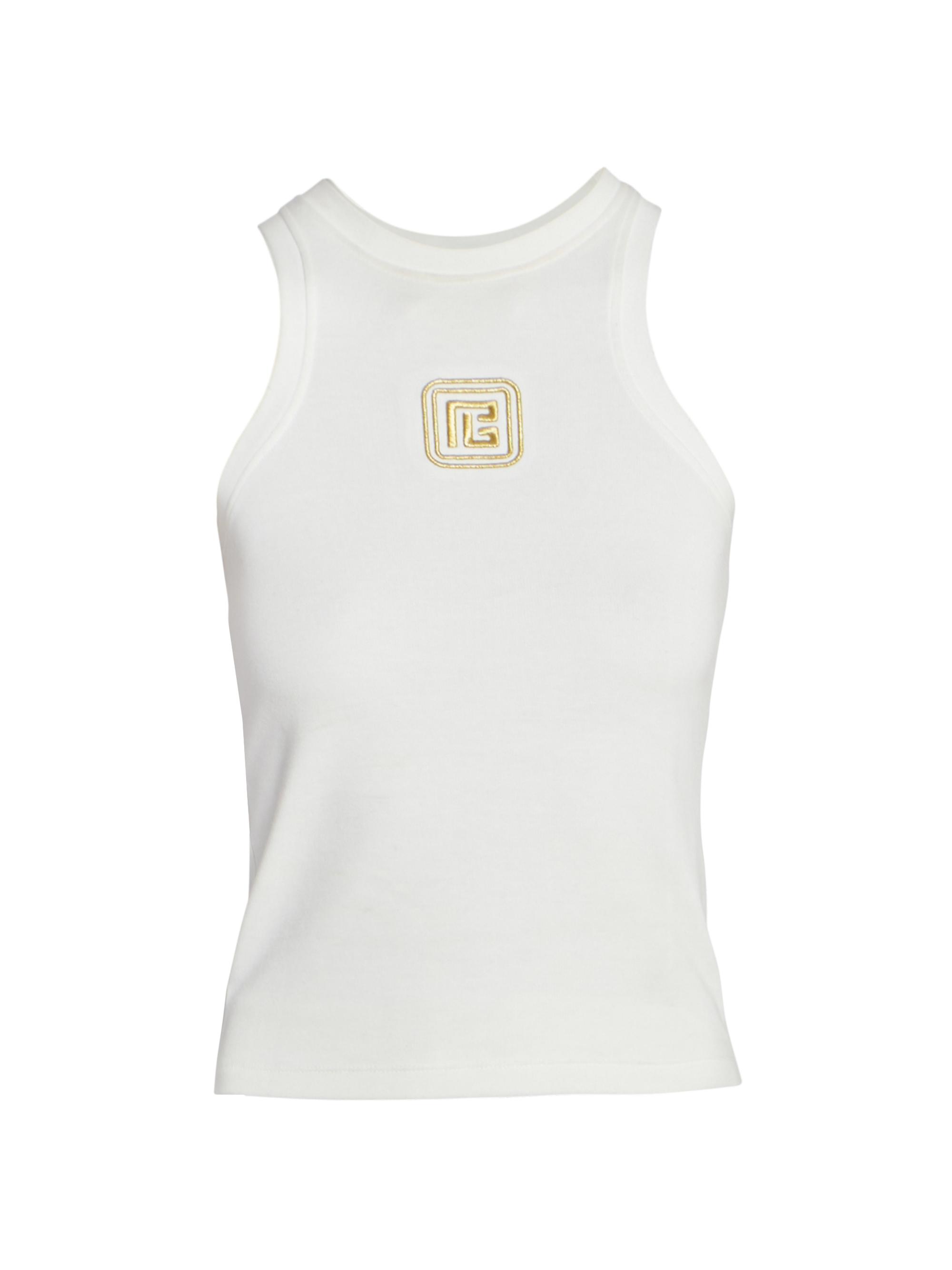 Balmain Women's Embroidered Monogram Cotton-Blend Tank - White Gold