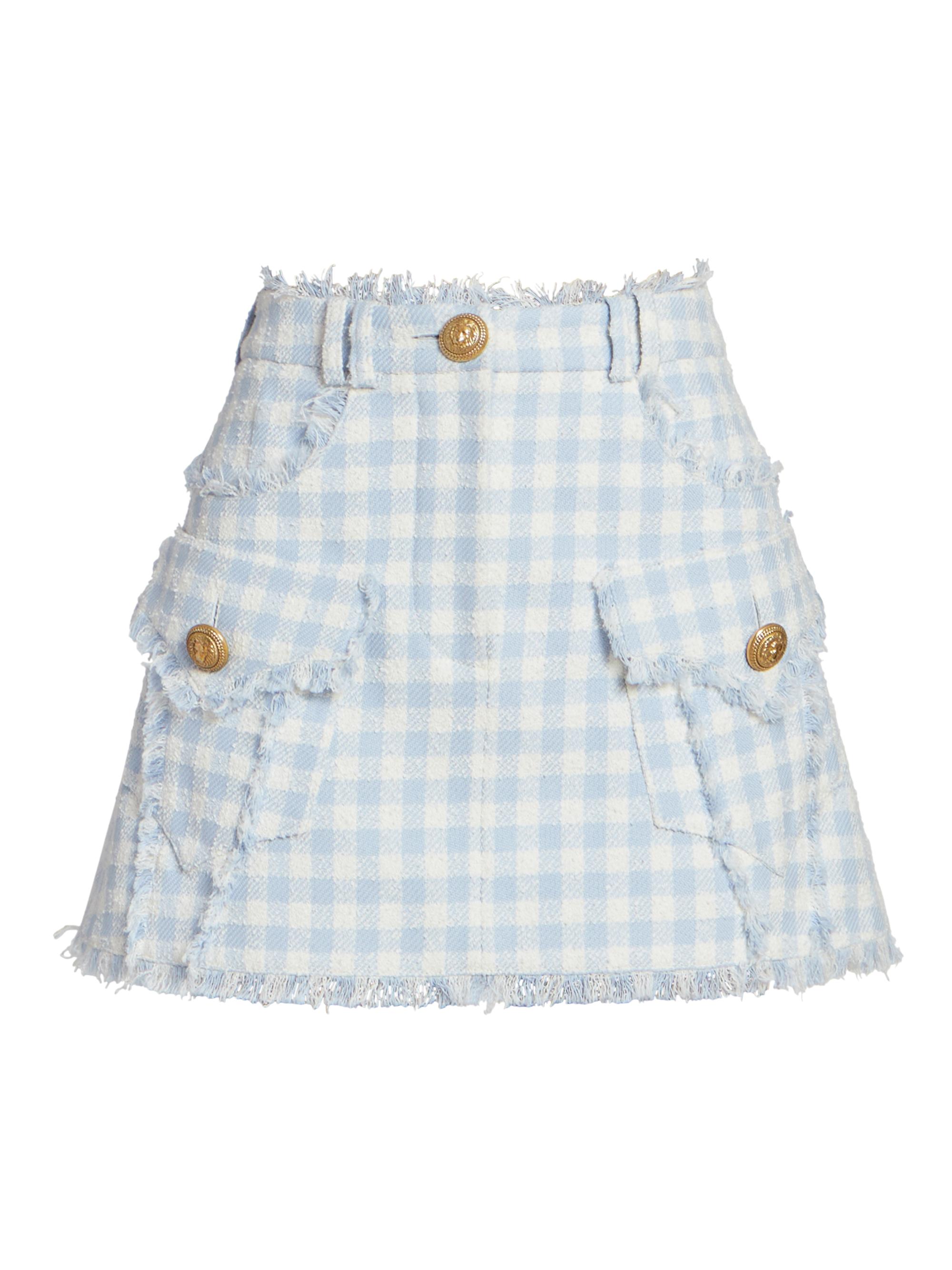 Balmain Women's Vichy Gingham Tweed Trapeze Miniskirt - White Blue