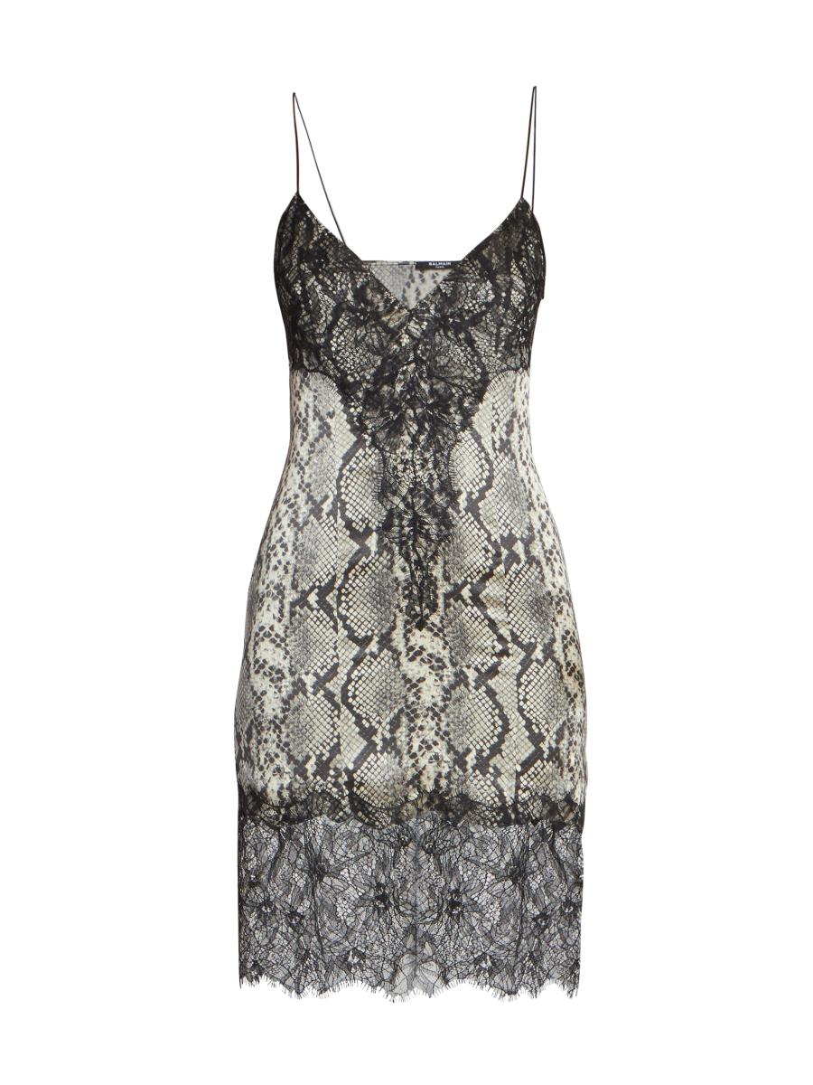 Balmain Python Print Silk Lace-Trimmed Minidress | Saks