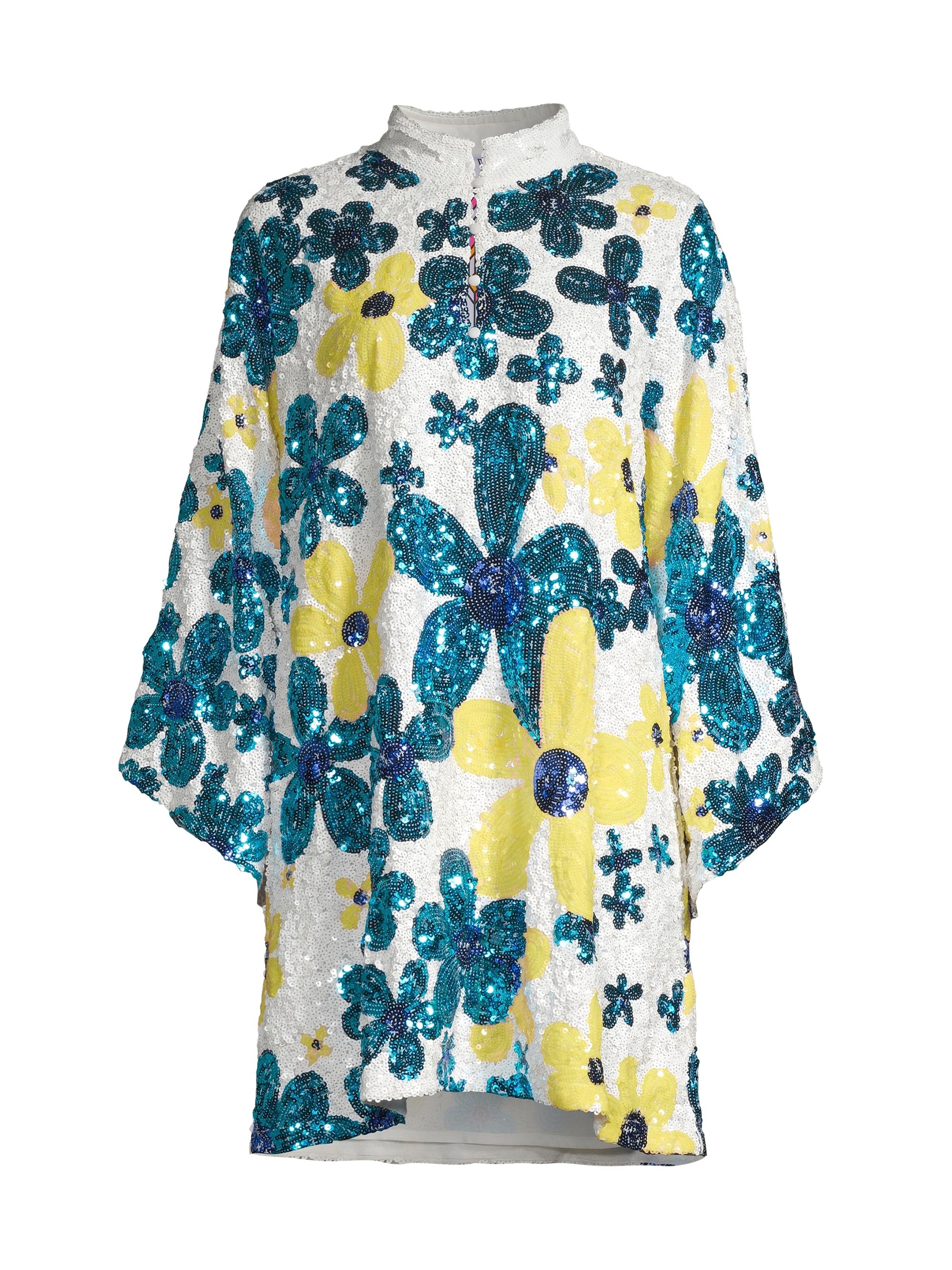 La Vie Style House Women's Floral Sequined Mini Caftan - Yellow Blue