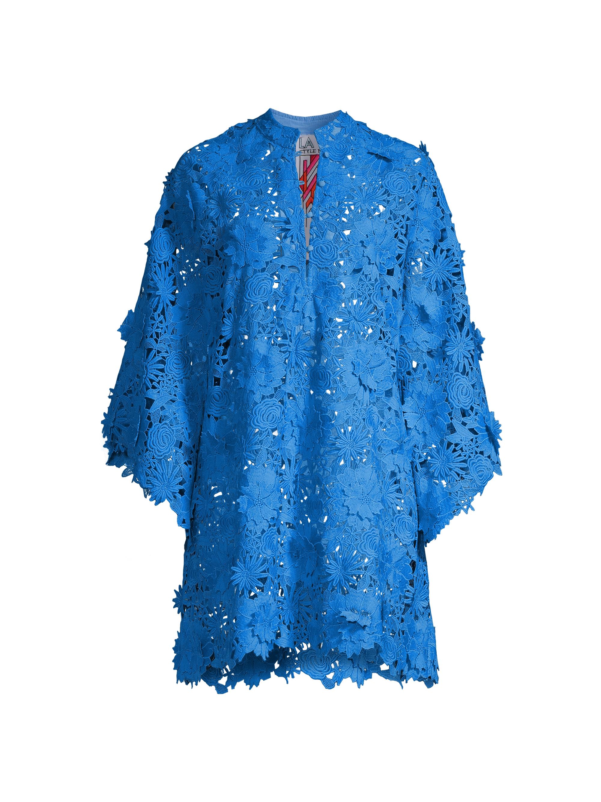 La Vie Style House Women's Floral Lace Mini Caftan - Cobalt