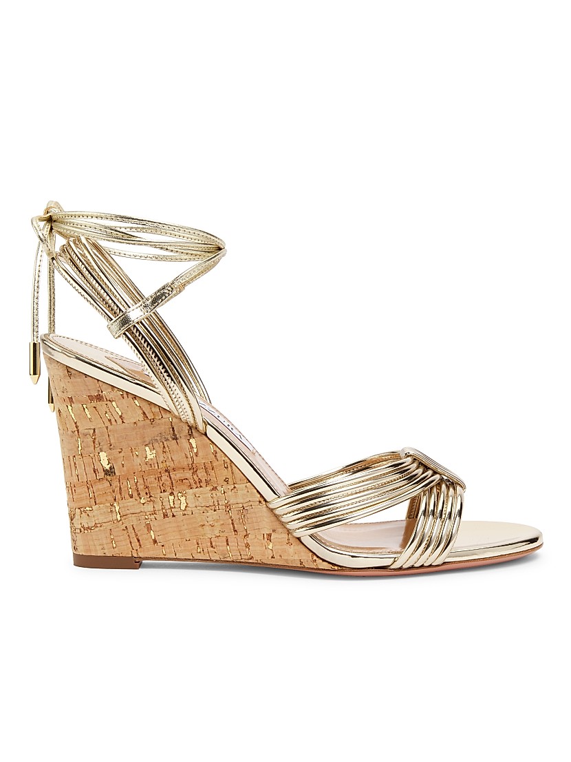 Shop Aquazzura 85MM Strappy Metallic Wedge Sandals | Saks Shop Aquazzura 85MM Strappy Metallic Wedge Sandals | Saks