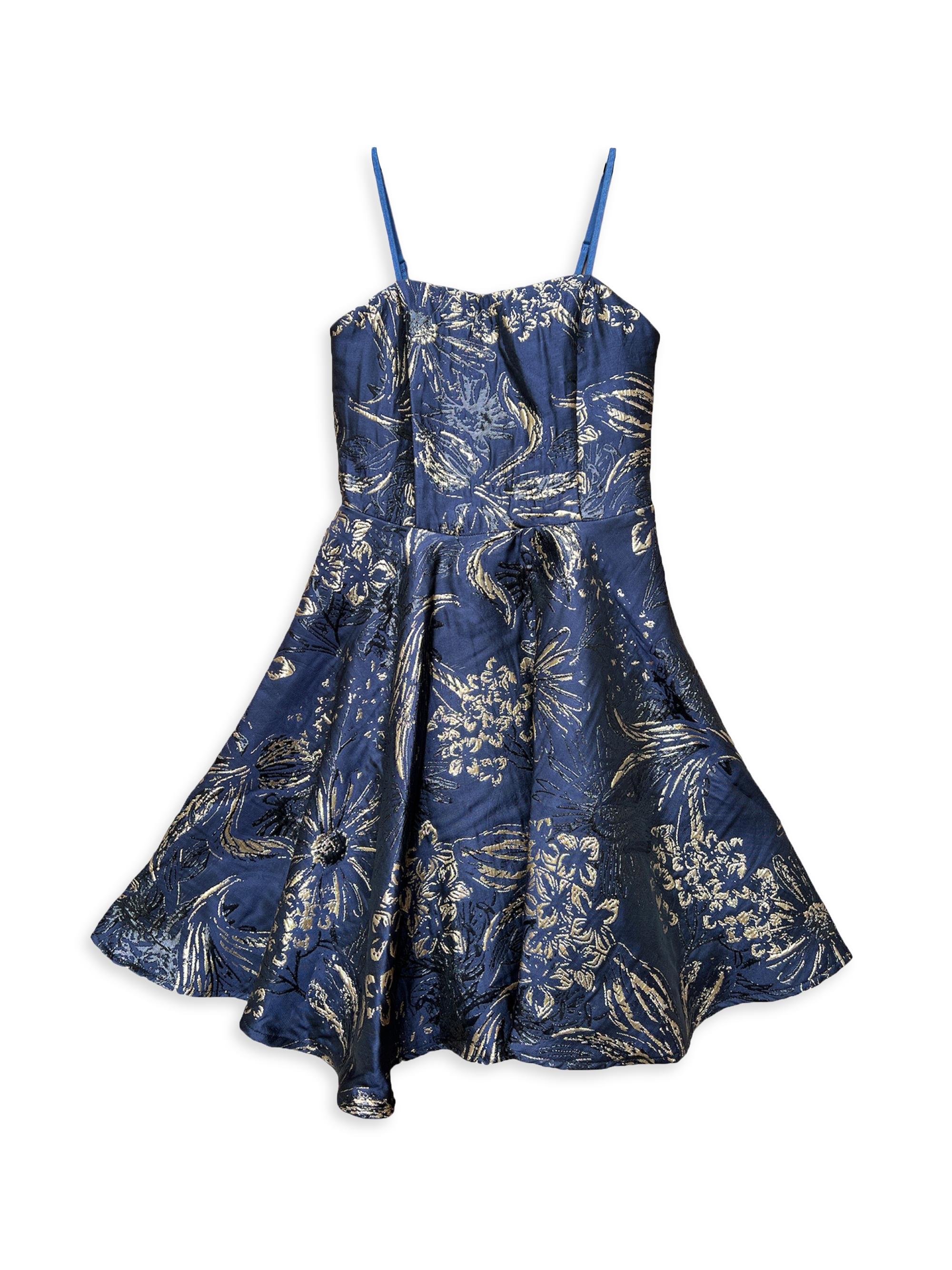 Un Deux Trois Girl's Floral Jacquard Dress - Navy