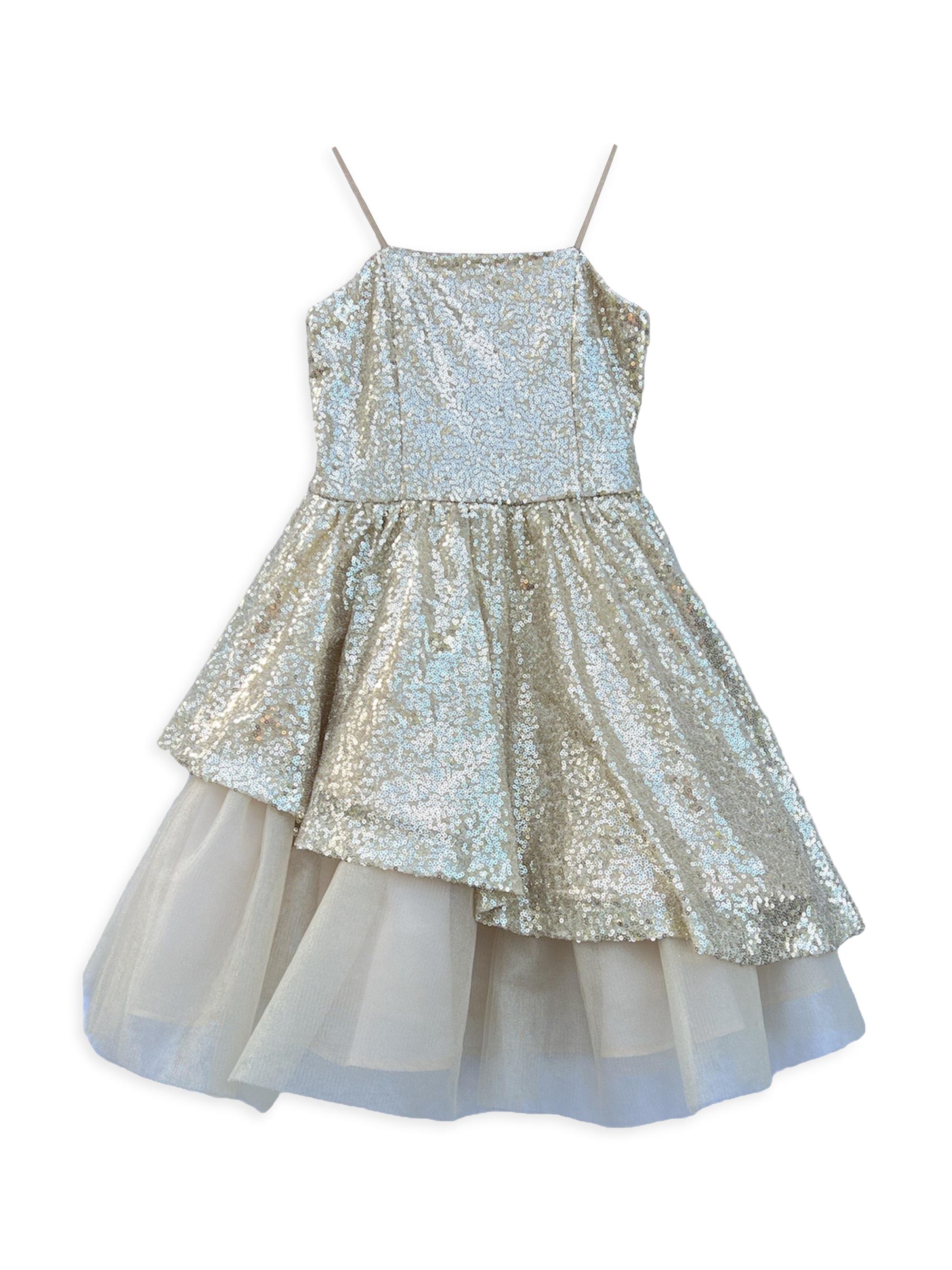 Un Deux Trois Girl's Peek-A-Boo Sequin Dress - Gold