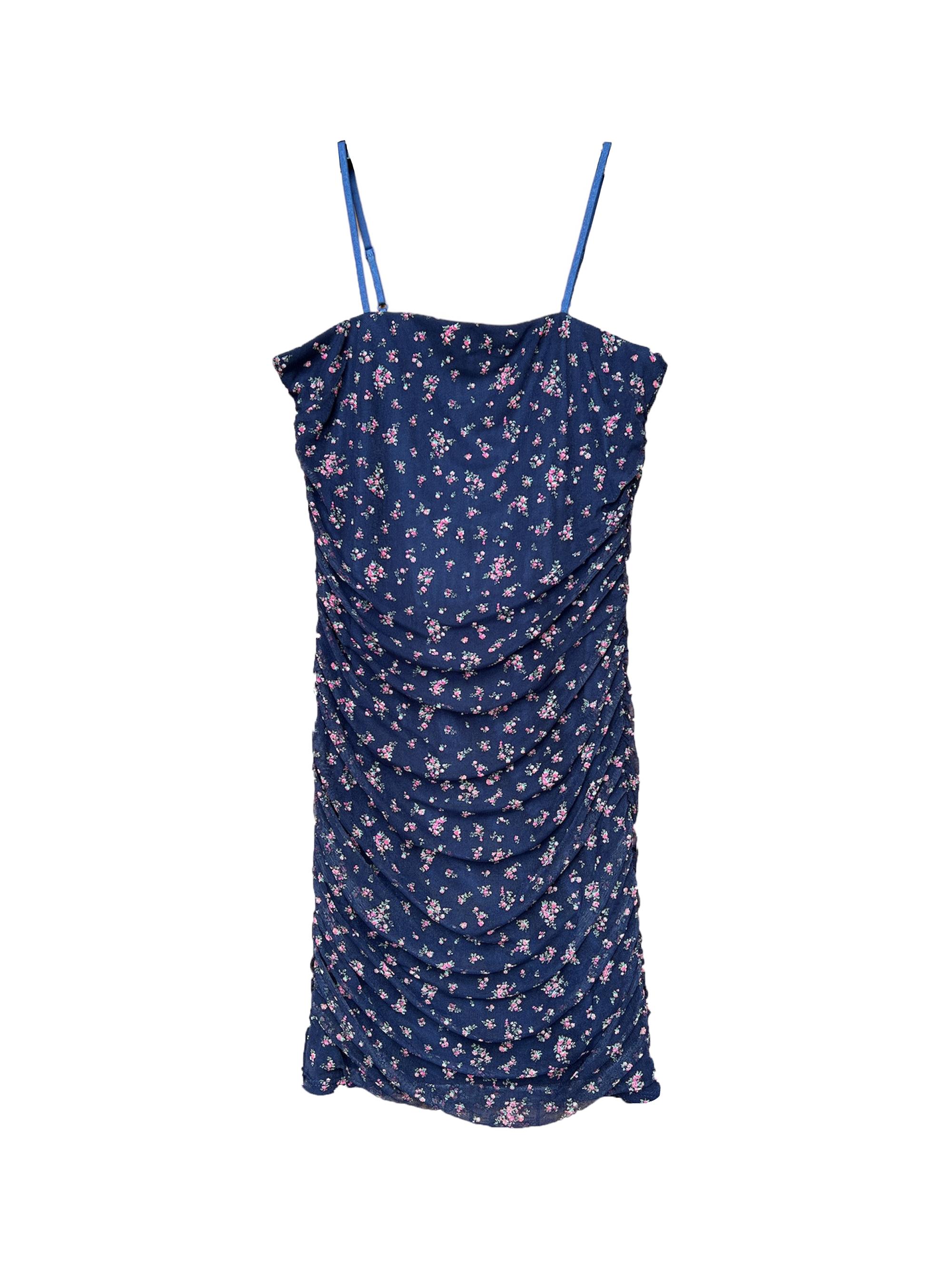 Un Deux Trois Girl's Floral Mesh Ruched Dress - Navy Floral