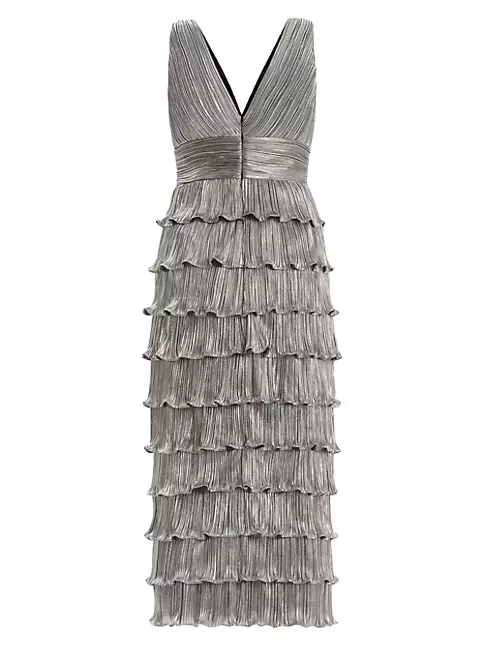 Shop Zac Posen Pleated Metallic Ruffled Midi-Dress | Saks Fifth Avenue
