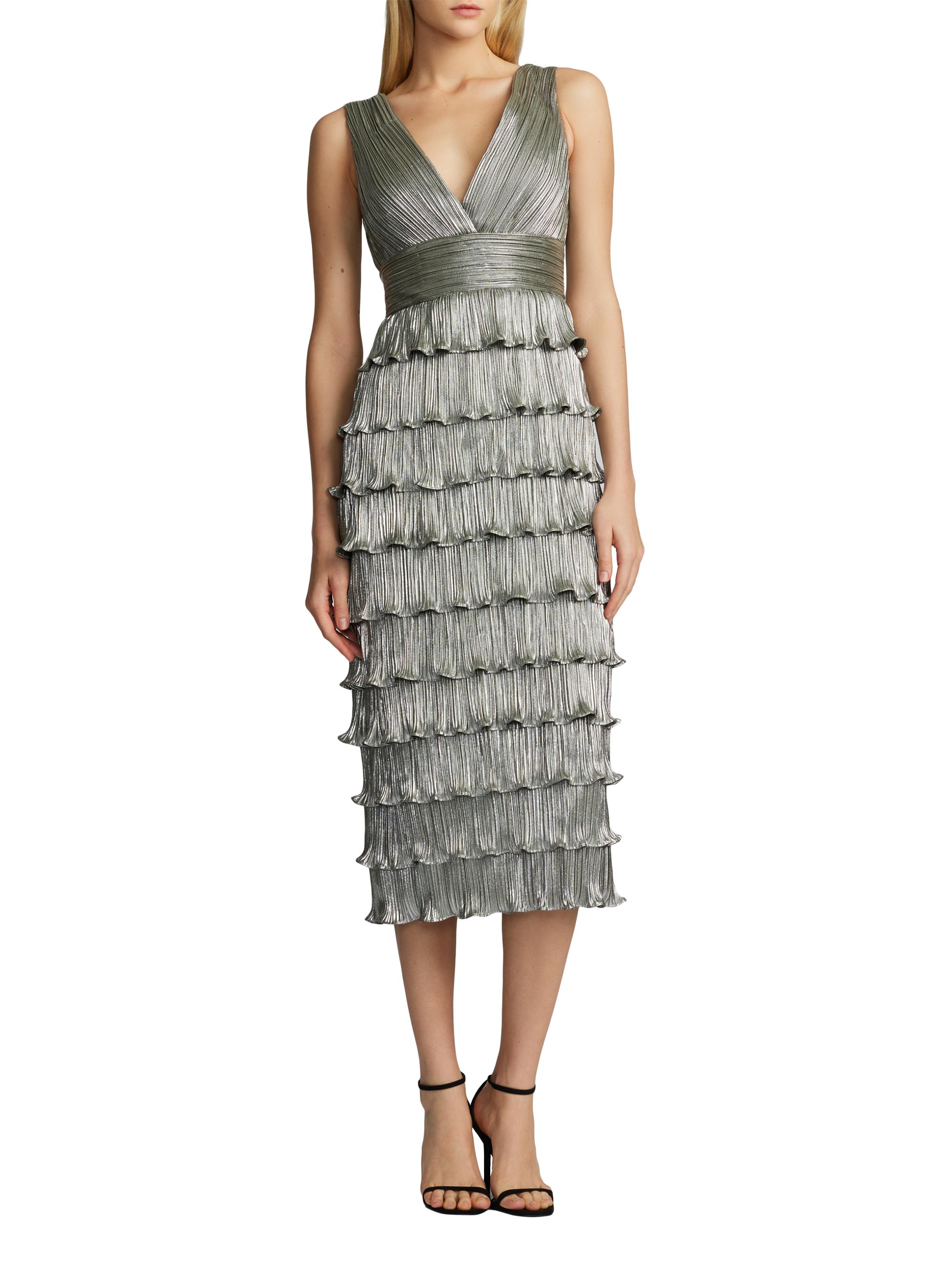 Zac Posen Pleated Metallic Ruffled Midi-Dress | Saks Fifth Avenue
