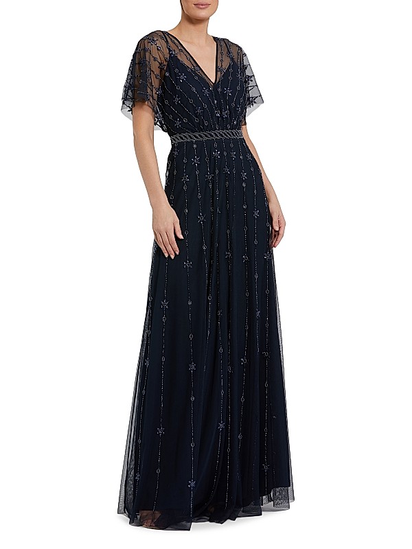 mac duggal flutter sleeve formal appliqu maxi dress Purple Embellished Evening Gown line silhouette that drapes beautifully to the floor length hemline Mac Duggal Women's High Neck