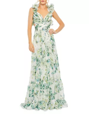 Shop Mac Duggal Floral Chiffon Ruffle Lace-Up Gown | Saks Fifth Avenue