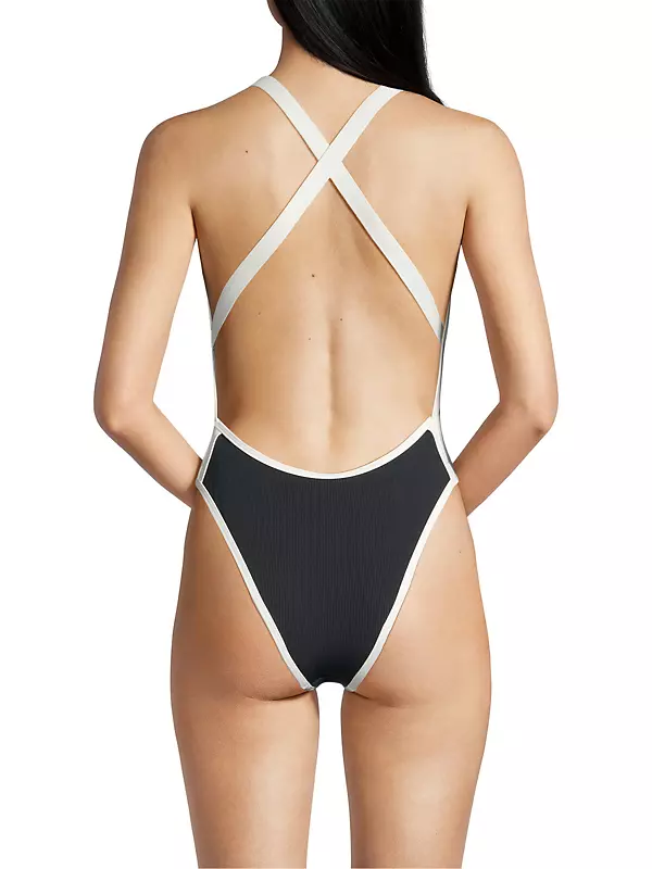 Ribbed Baewatch One Piece Swimsuit - Black-Cream