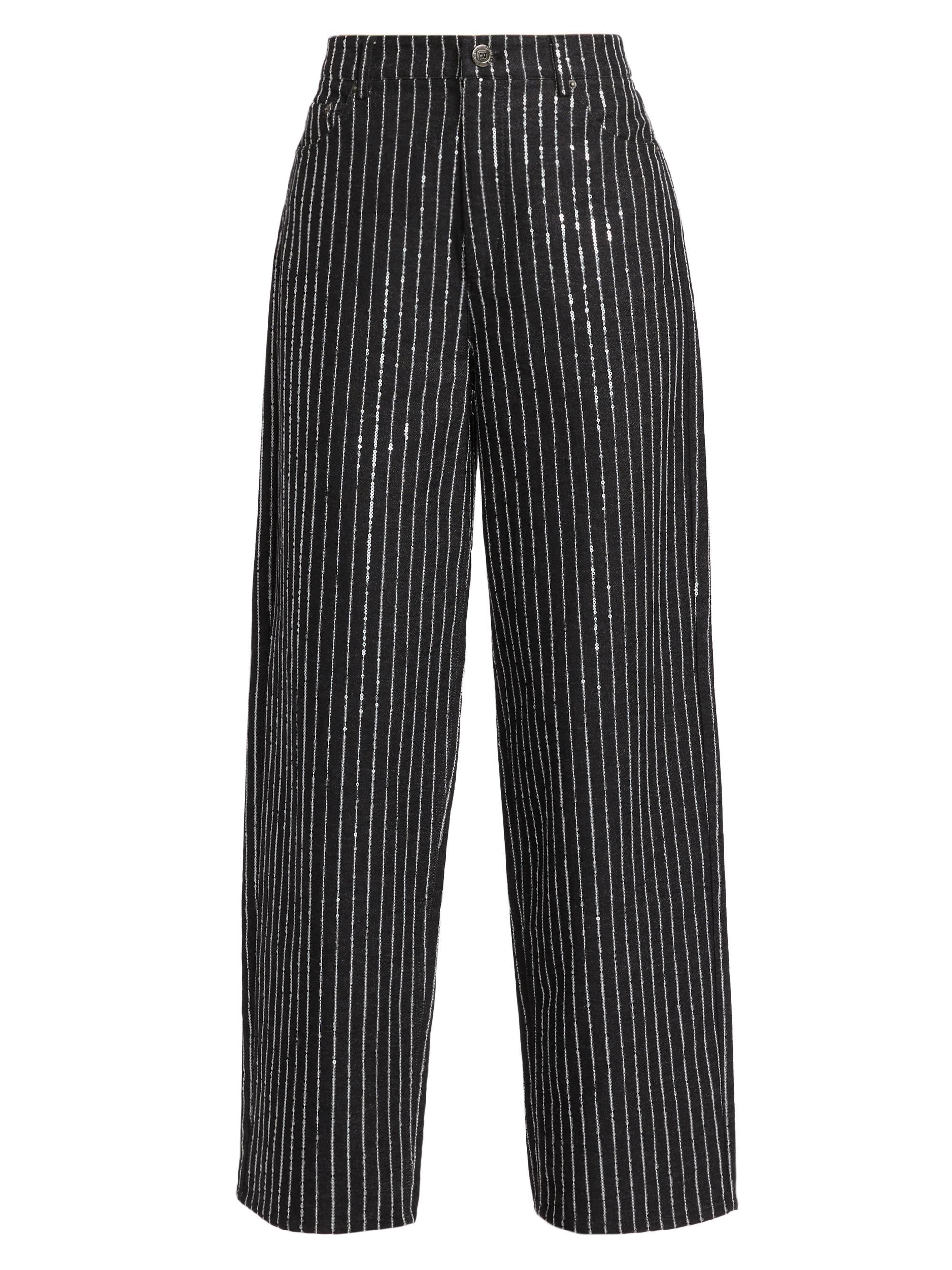Rotate Birger Christensen Women's Sequin-Pinstriped Twill Wide-Leg Pants - Black