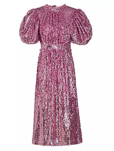 Sequined Puff-Sleeve Midi-Dress