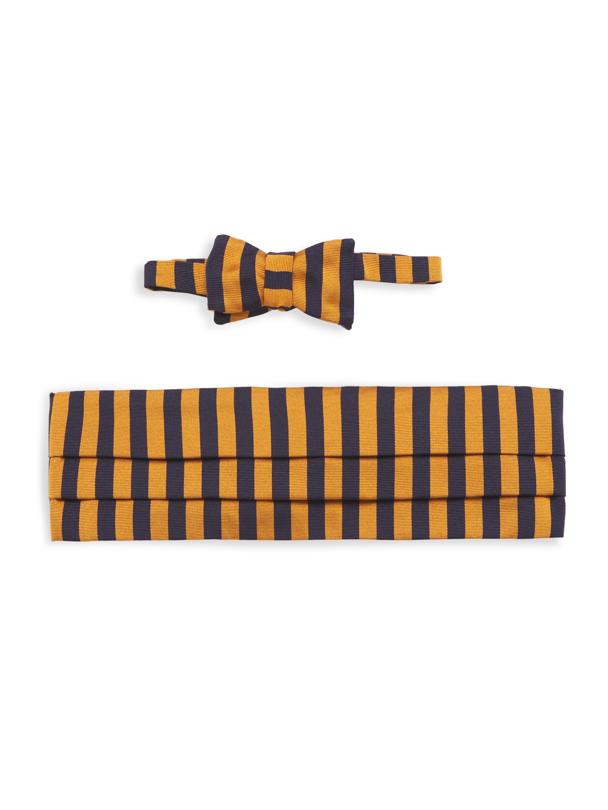 Paul Stuart Men's Silk Striped Bow Tie & Cummerbund Set - Navy Orange