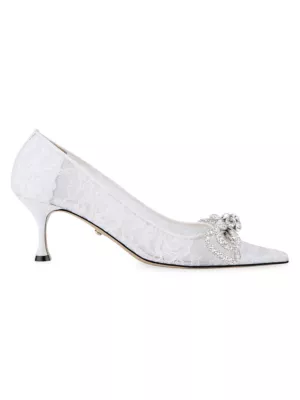 Mach & Mach Women's Double-Bow Lace Kitten Pumps - White
