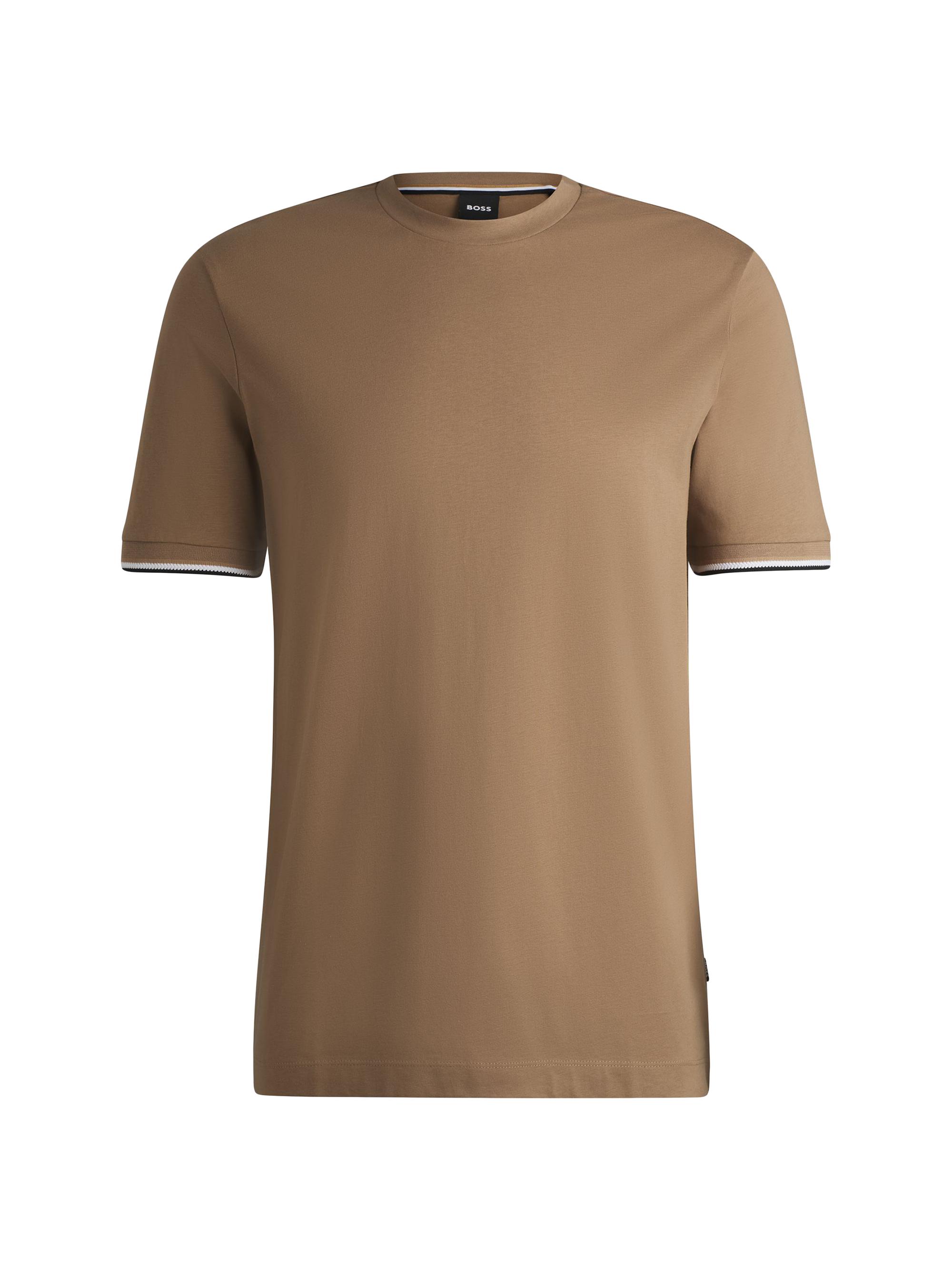BOSS Men's Cotton-Jersey T-Shirt With Signature-Stripe Cuffs - Beige