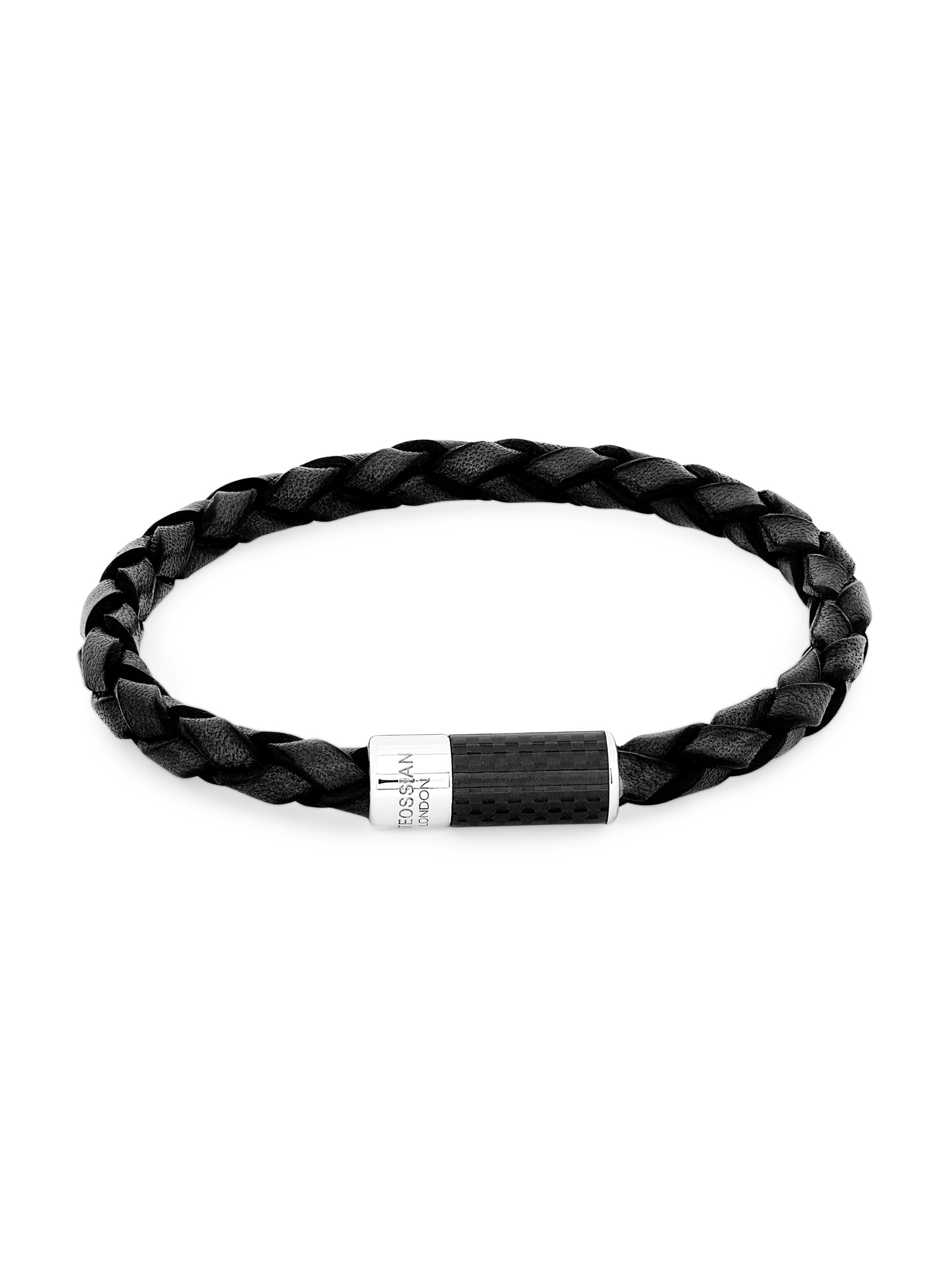 Tateossian Men's Carbon Pop Braided Leather Bracelet - Black