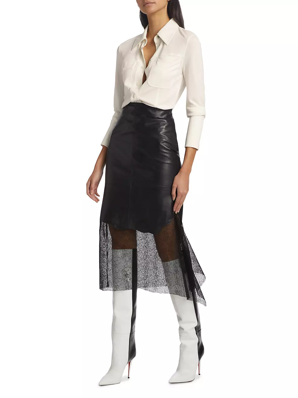 Shop Helmut Lang Leather Lace Midi-Skirt | Saks Fifth Avenue