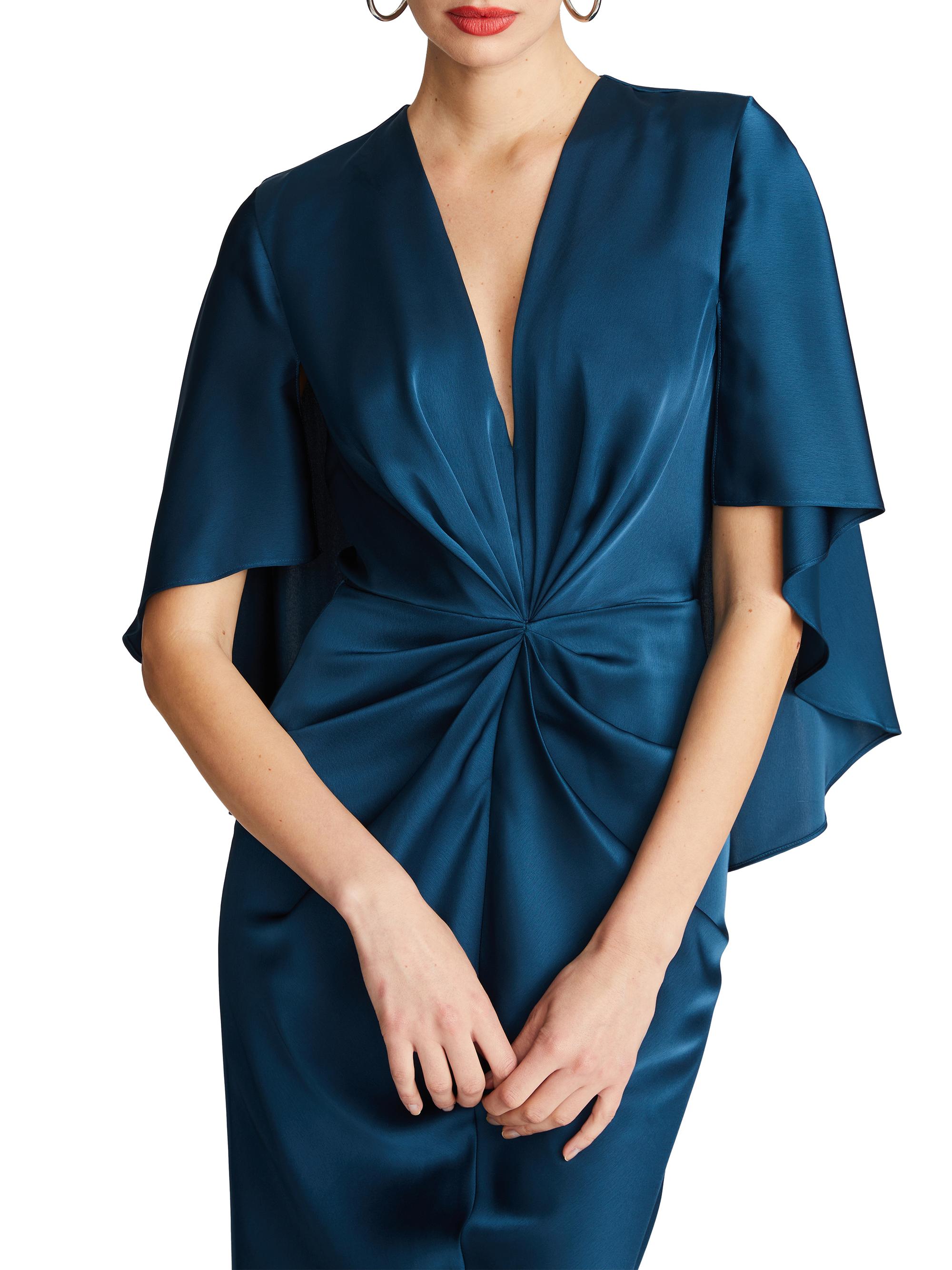Halston Tomi Satin V-Neck Cape Midi-Dress | Saks Fifth Avenue