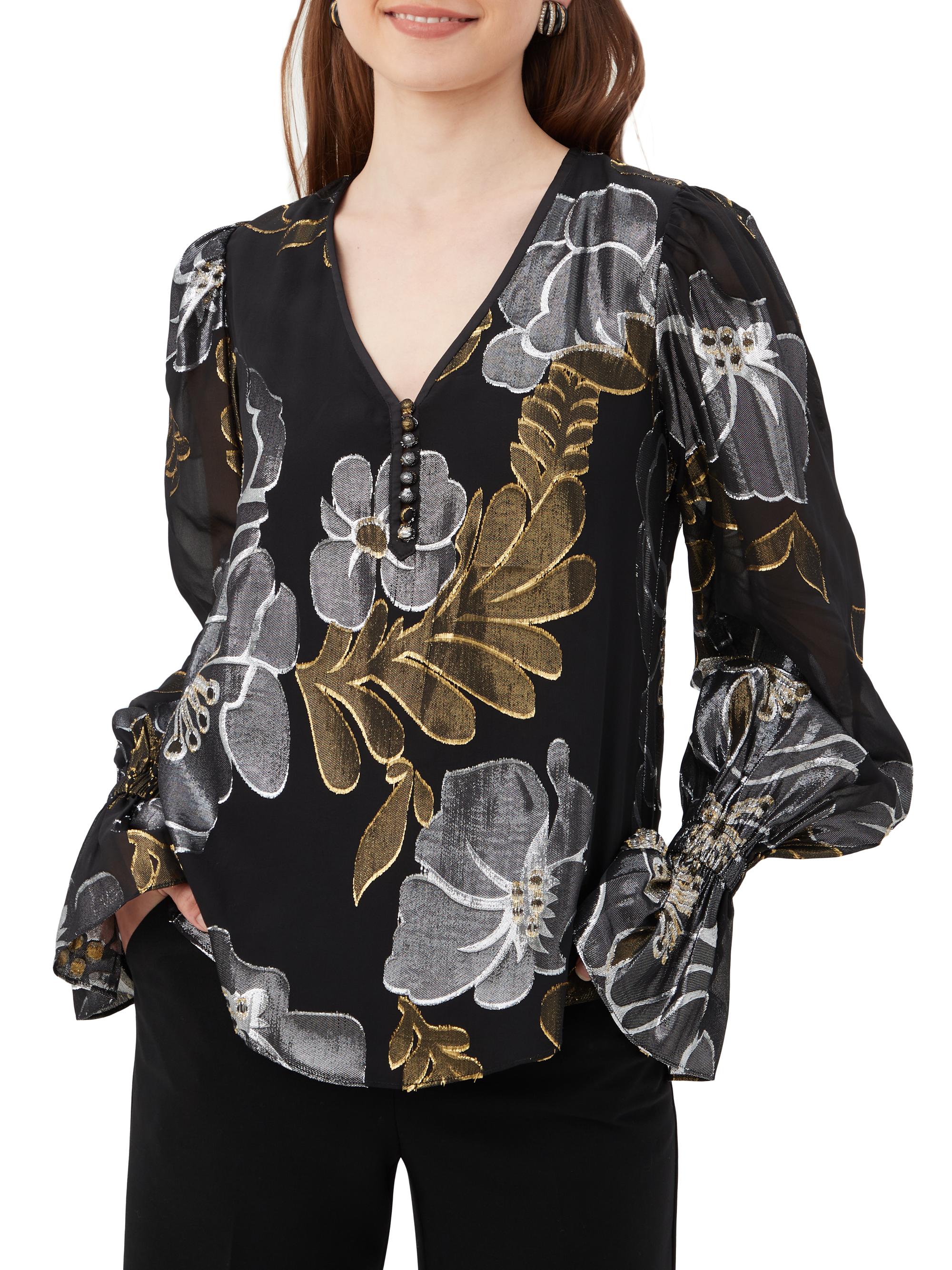 Trina Turk Women's Kaito Silk-Blend Floral Blouse - Black Metallic