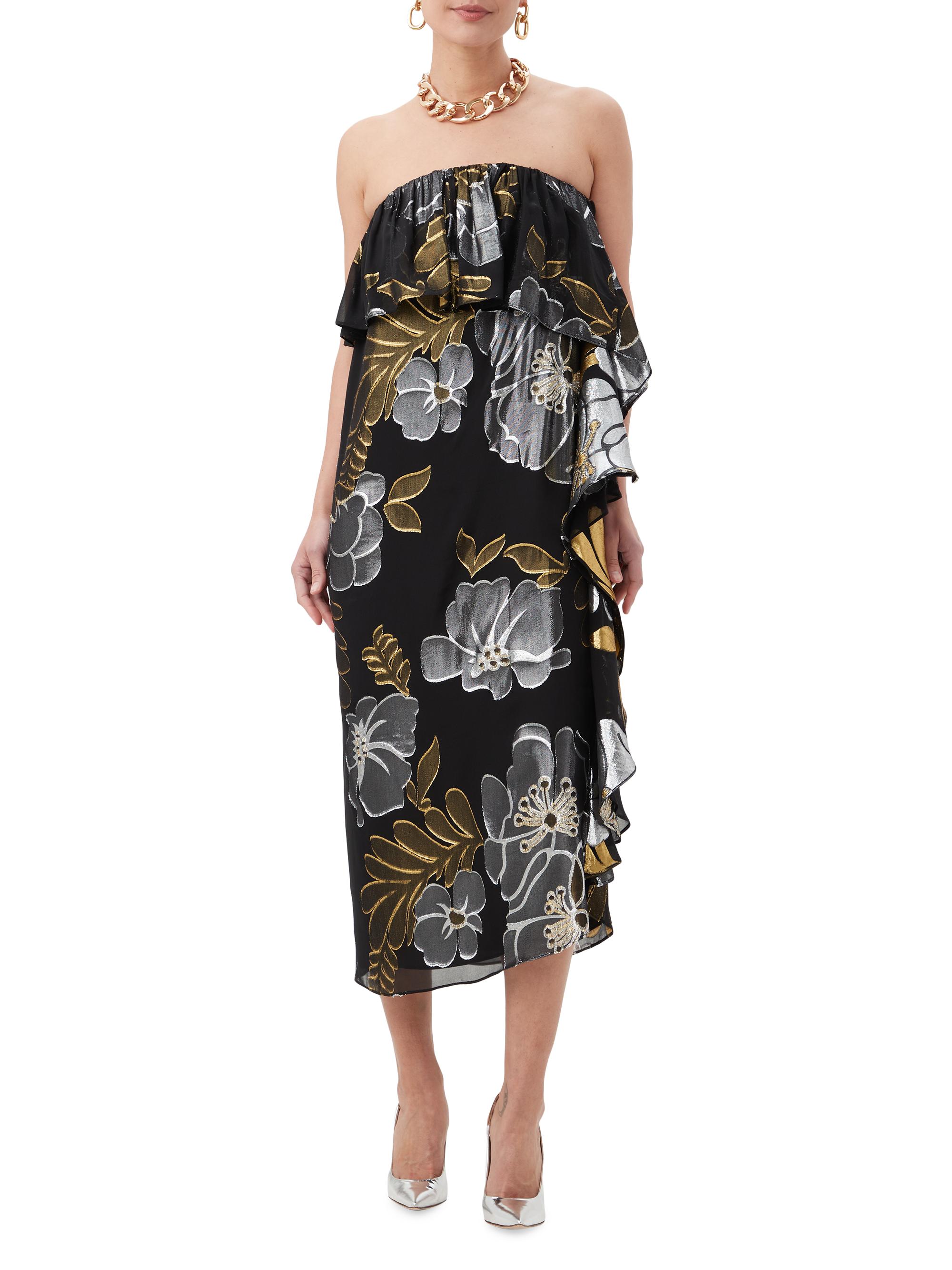 Trina Turk Women's Itsuki Metallic Floral Strapless Midi-Dress - Black Metallic
