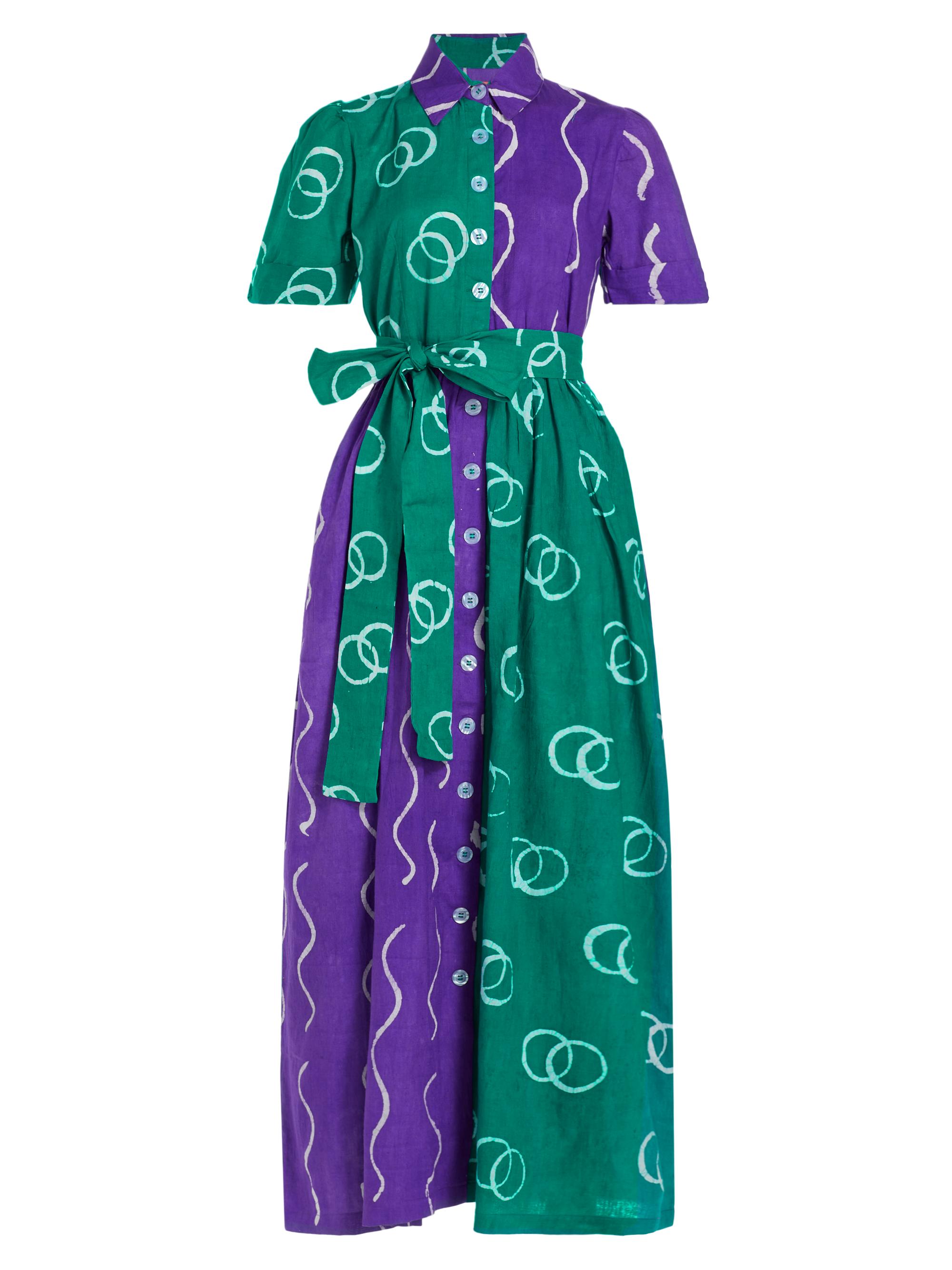 Elisamama Women's Asake Abstract Colorblocked Cotton Shirtdress - Purple Green