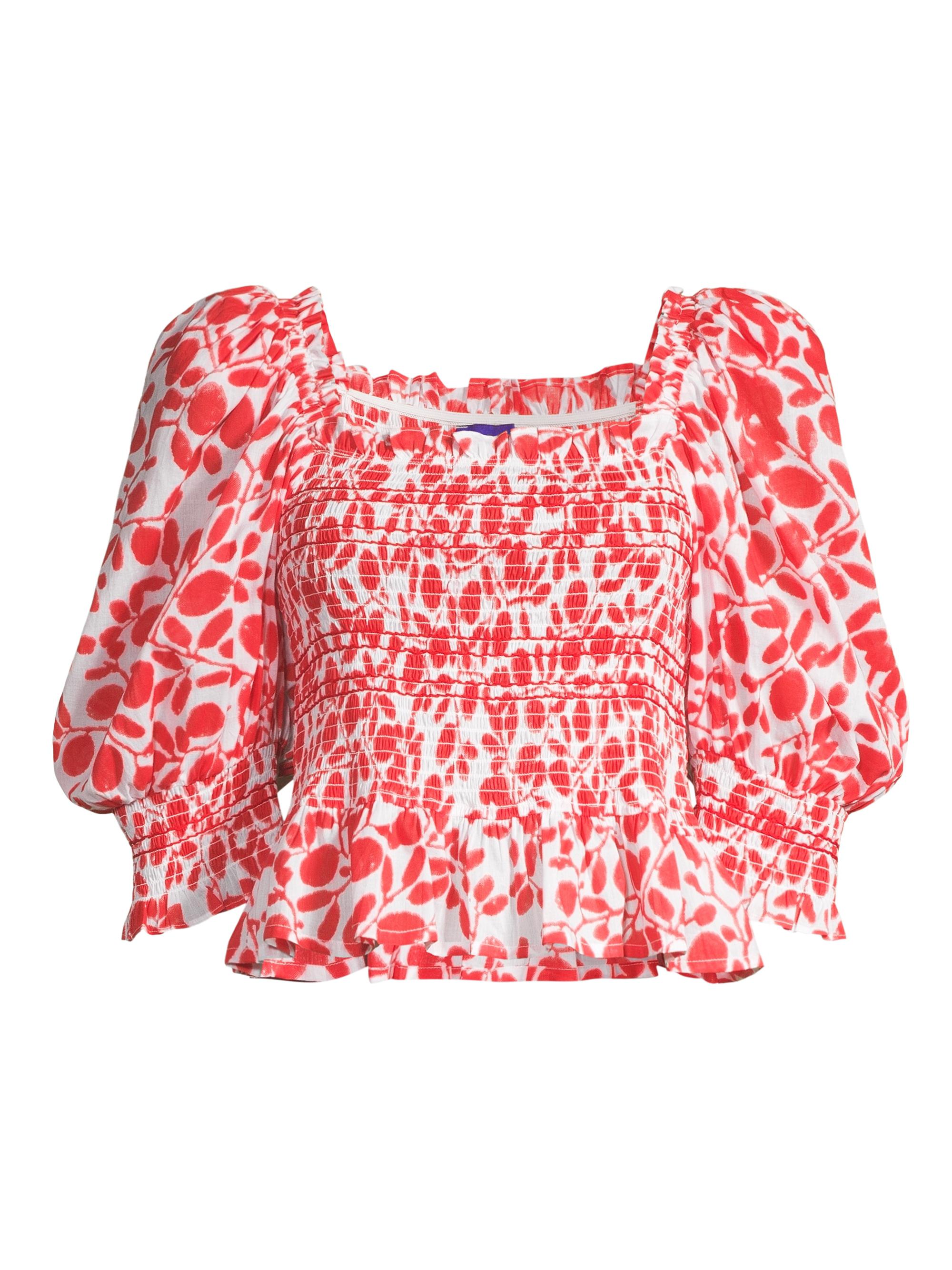 Ro's Garden Women's Trinity Smocked Cotton Top - Red Okari