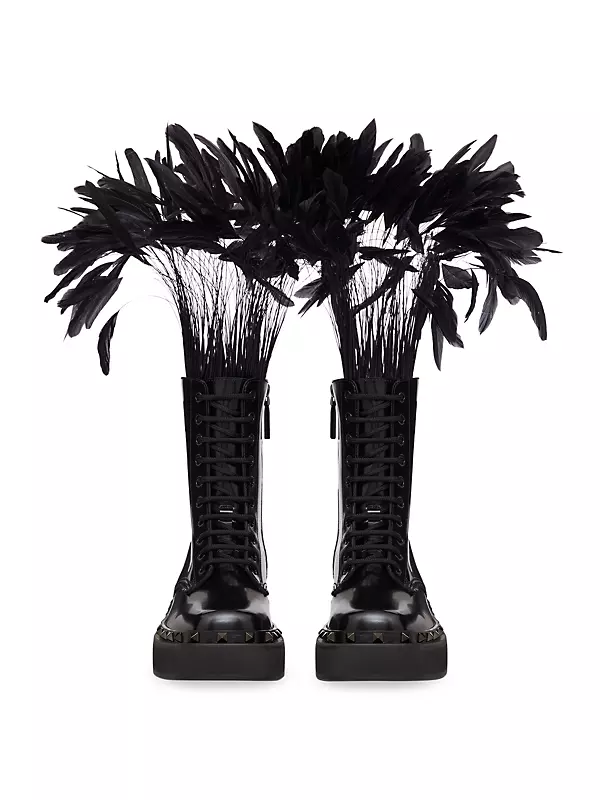 Rockstud M-Way Combat Boots In Calfskin With Feathers 50mm