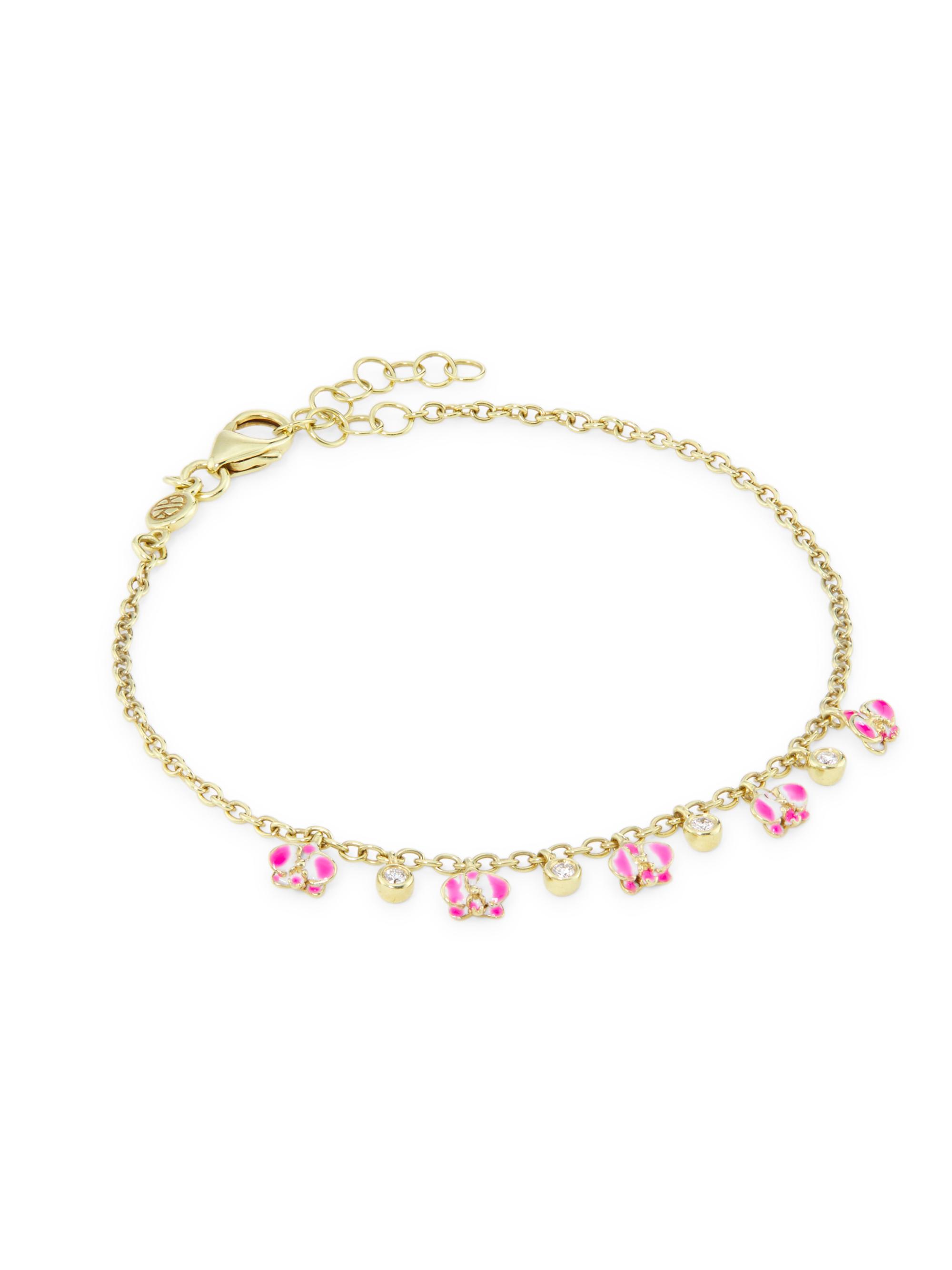 Onirikka Women's Kidea 18K Yellow Gold, 0.06 TCW Diamond & Enamel Orchid Charm Bracelet - Pink