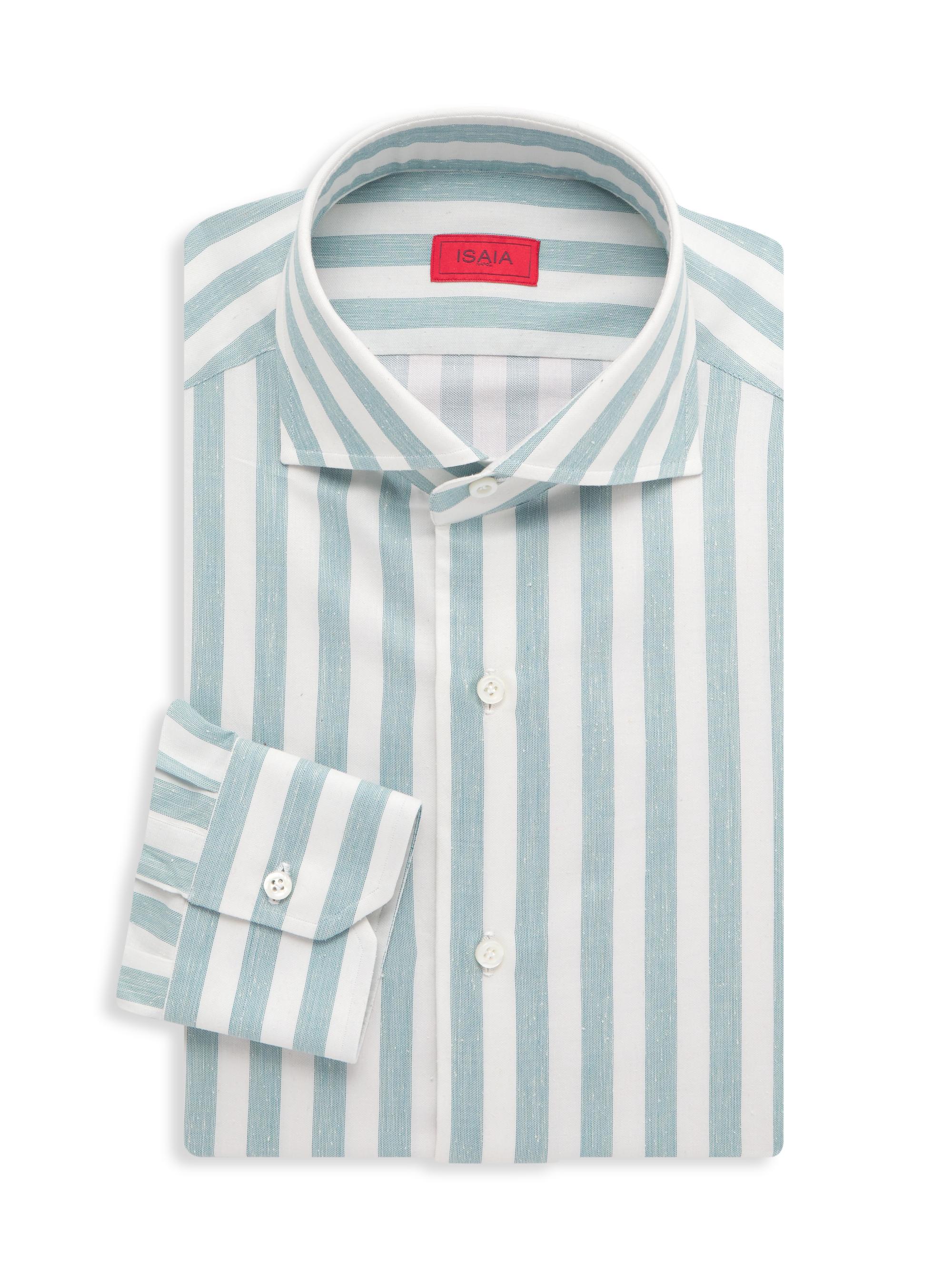 Isaia Men's Striped Cotton-Blend Dress Shirt - Green Stripe