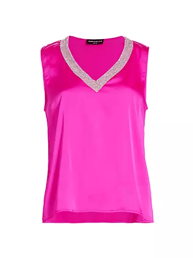  Women 2024 Silk Satin Tank Tops Dressy V Neck Camisole  Blouse Casual Sleeveless Cami Summer Tanks Shirt Dark Pink