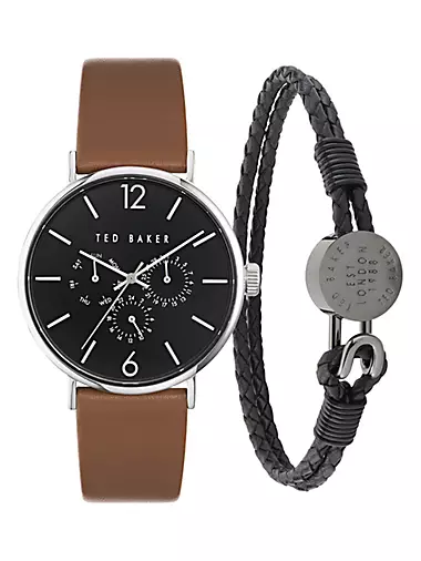 Phylipa Gents Timeless Stainless Steel & Leather Chronograph Watch & Bracelet Gift Set