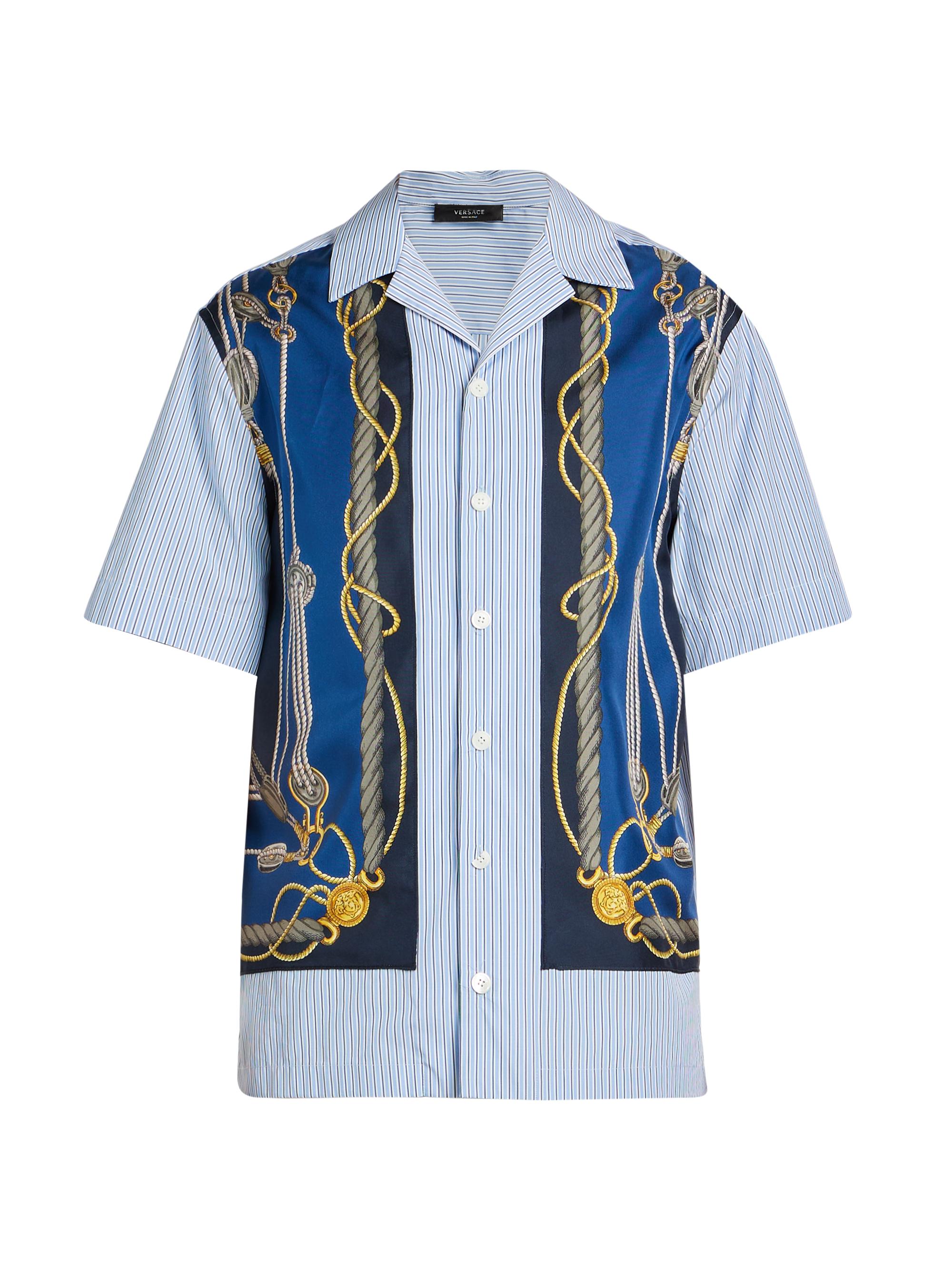 Versace Men's Poplin & Silk Camp Shirt - Blue Gold