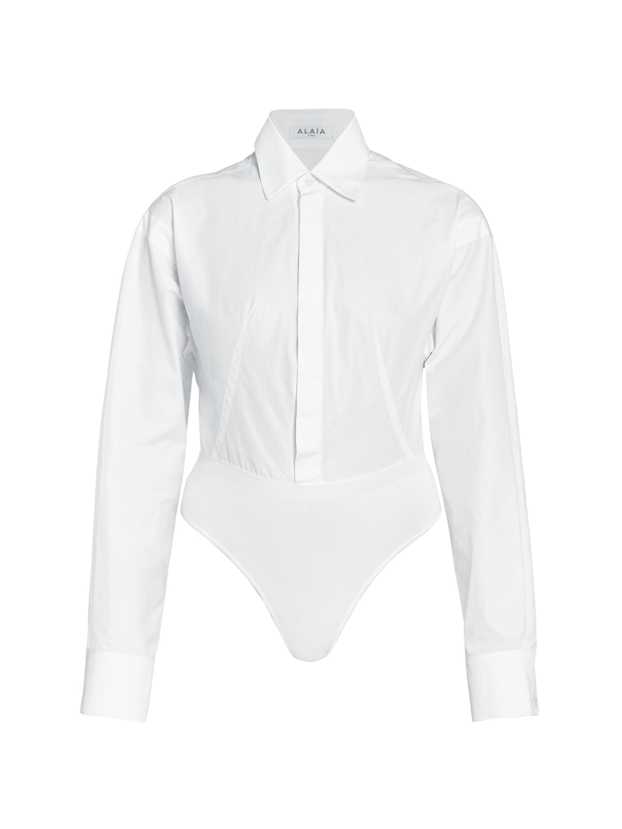 Alaïa Women's Cotton-Blend Long-Sleeve Shirt Bodysuit - Blanc